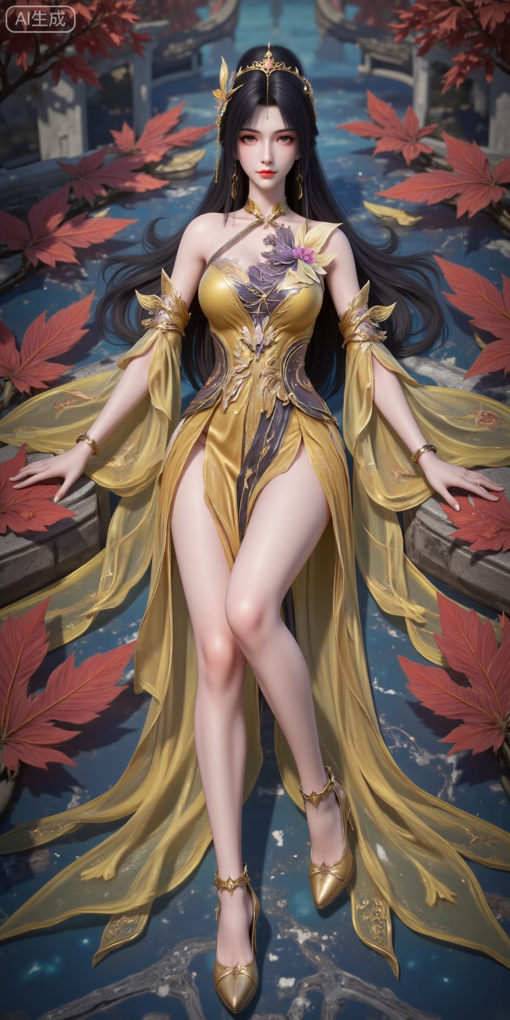 wangxi, 1girl, solo, upper body, dress, hair ornament, facial mark, long hair, forehead mark, black hair, jewelry, earrings, bare shoulders, flower, yellow dress, ponytail, detached sleeves, closed mouth,legs,long legs,high_heels,,lying,floor,leaf,water,(from_above:1.2),(dutch angle:1.2),
lvjing,pifu,guanghuapifu,
blurry_background,tree,flowes,lujiajia,fushi