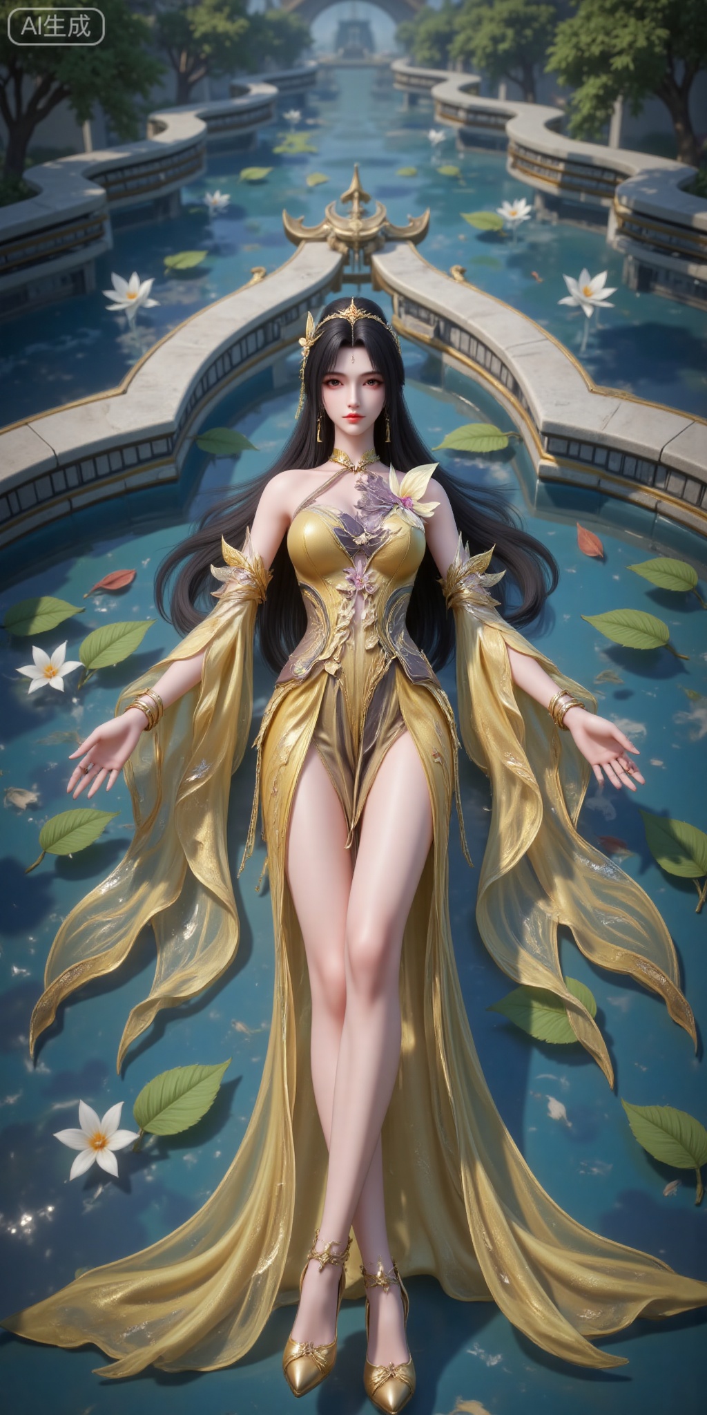 wangxi, 1girl, solo, upper body, dress, hair ornament, facial mark, long hair, forehead mark, black hair, jewelry, earrings, bare shoulders, flower, yellow dress, ponytail, detached sleeves, closed mouth,legs,long legs,high_heels,,lying,floor,leaf,water,(from_above:1.2),(dutch angle:1.2),
lvjing,pifu,guanghuapifu,
blurry_background,tree,flowes,lujiajia,fushi