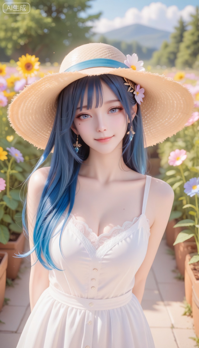 masterpiece, best quality,, 1girl, solo, long_hair, looking_at_viewer, smile, bangs, blue_eyes, hair_ornament, hat, dress, bare_shoulders, closed_mouth, blue_hair, collarbone, flower, outdoors, sleeveless, day, hair_flower, white_dress, mole, lips, head_tilt, sleeveless_dress, arms_behind_back, sun_hat, realistic, straw_hat, sundress,