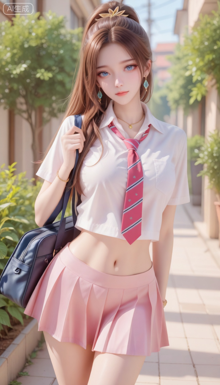 masterpiece, best quality,1girl, solo, long_hair, looking_at_viewer, blue_eyes, skirt, brown_hair, hair_ornament, navel, jewelry, school_uniform, ponytail, earrings, outdoors, necktie, bag, plant, pink_skirt,