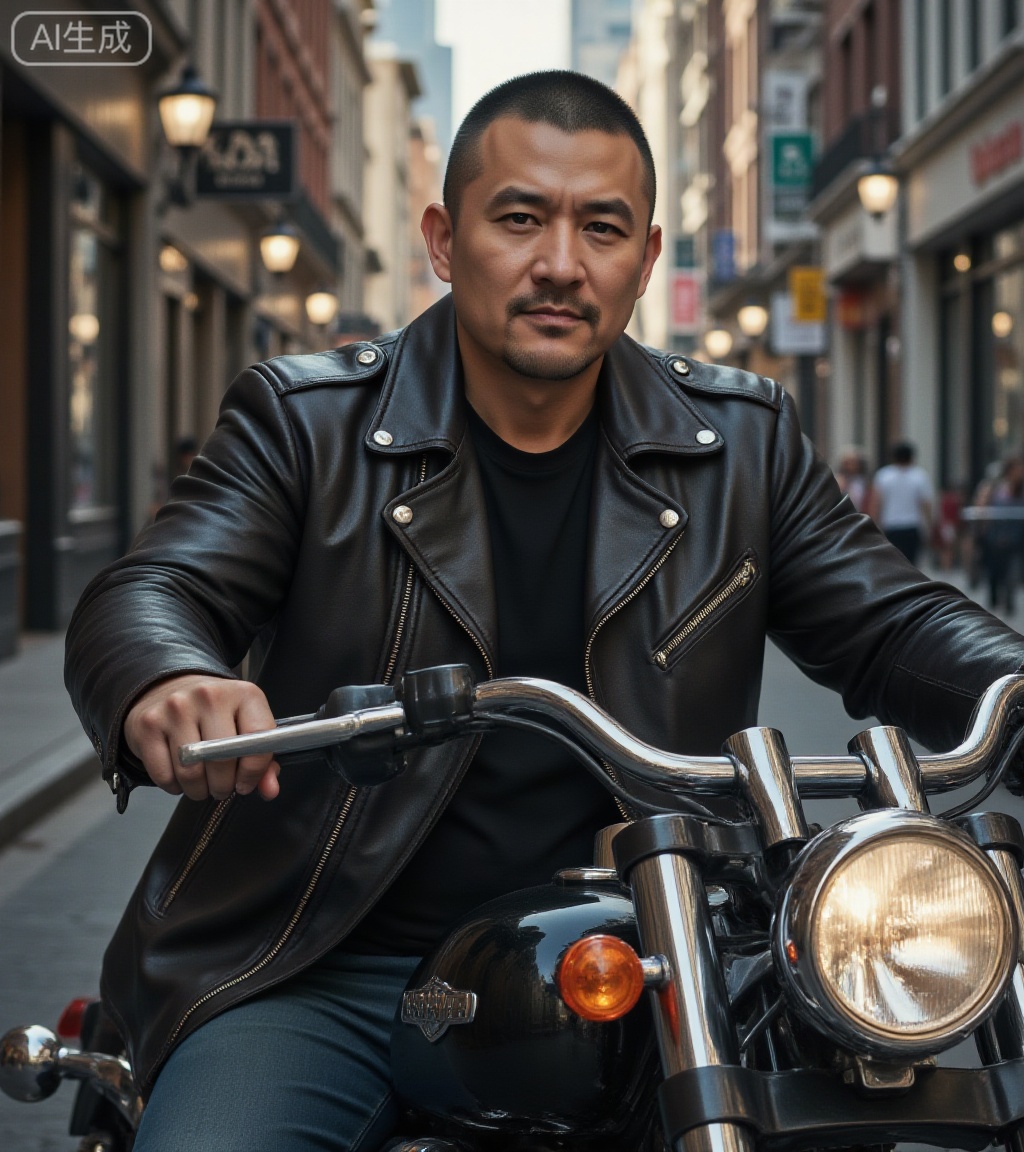 nsjs,
1man,solo,leather jacket,male focus,Bright light,very short hair,Riding a motorcycle,bald,p