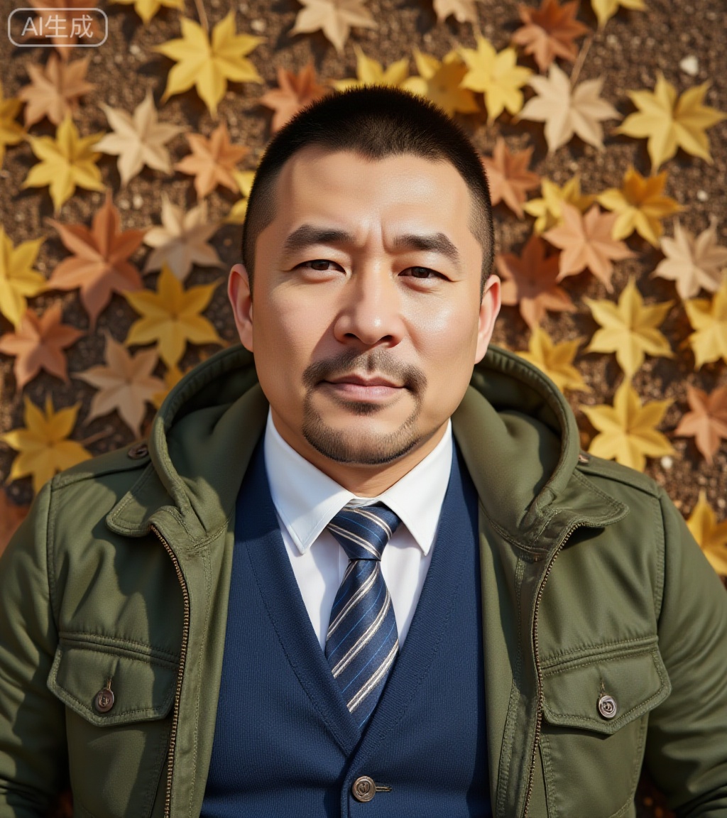 nsjs,
1man,solo,A man with a slightly wider face and typical Asian characteristics, with a straight facial features, calm eyes, a short beard, and a gentle overall temperament, with his arms beside him, lying quietly on the ground covered with yellow-brown maple leaves. He wore a green hooded jacket, a blue vest, a white shirt and a striped tie. The picture adopts a top shot angle, which can fully display the maple leaves on men and the ground. The light is abundant and bright, and it should be natural light, giving people a fresh and comfortable feeling. high detail, ultra-high resolution,32K UHD, clear focus, best quality, masterpiece,