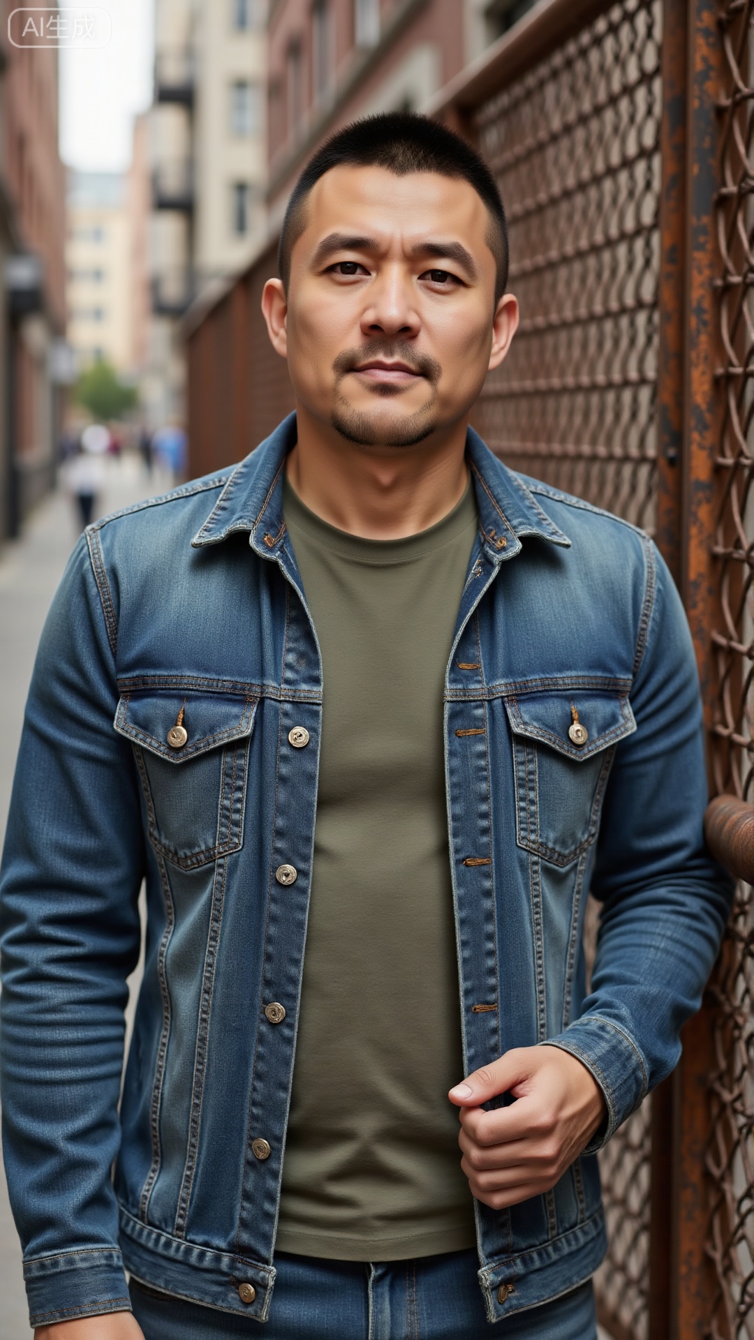 nsjs, A 30-year-old man with short, crisp hair, wearing a faded denim jacket over a plain t-shirt, leaning against a rusted metal fence in an industrial alley, his jawline sharp and gaze steady, oozing a raw, unpolished masculinity,