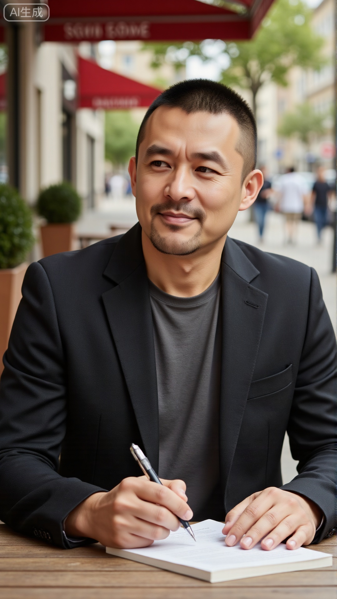 nsjs, A 37-year-old man with neat short hair, dressed in a dark, tailored blazer over a plain tee, sitting at an outdoor café table with a book in one hand and a pen in the other, pausing to nod at a passing neighbor—calm in his posture and a thoughtful spark in his eye, permeated with a composed, approachable masculinity