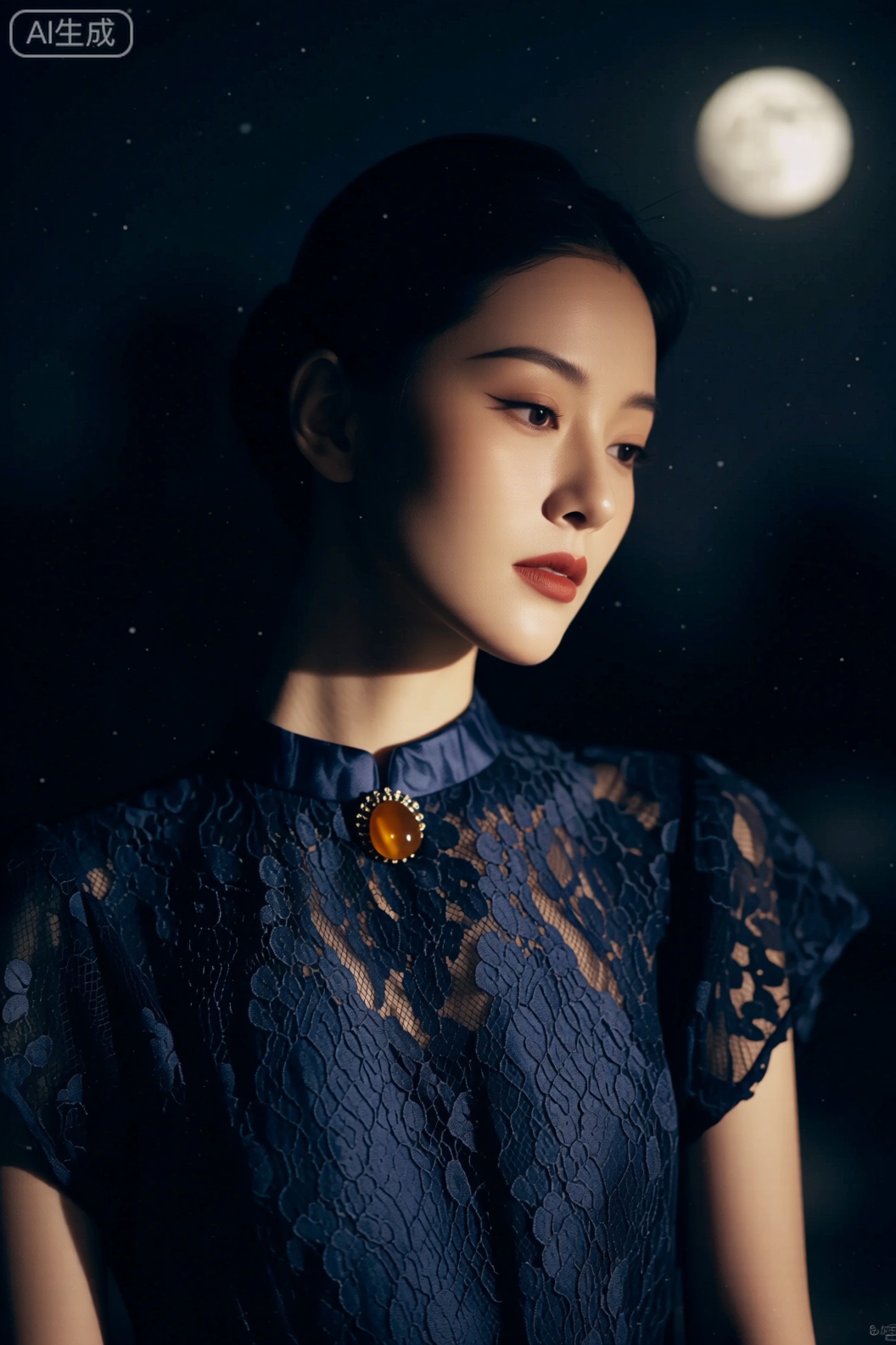 一位女性身着镶着蕾丝的藏青连衣裙,佩戴琥珀胸针,在月光与夜色的明暗交替中,散发着复古温柔的神秘魅力。