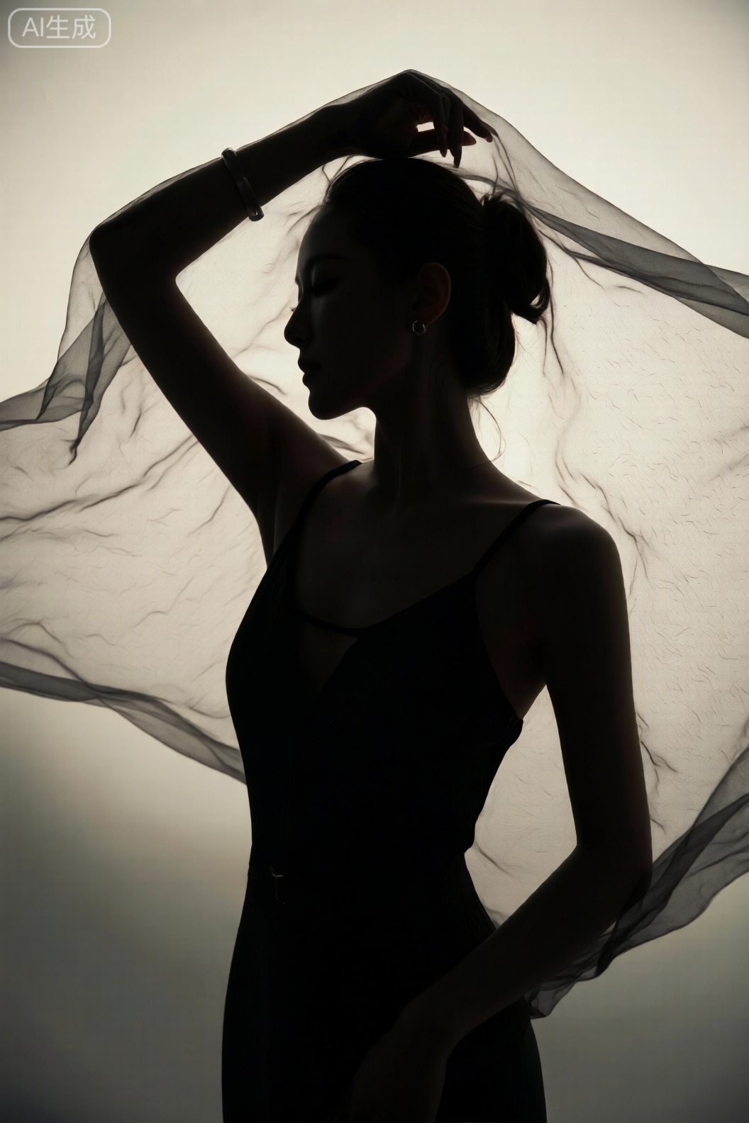  一位女性以剪影形式呈现,身着简约服饰,背景薄纱飘动,光影勾勒出优雅神秘的复古氛围,