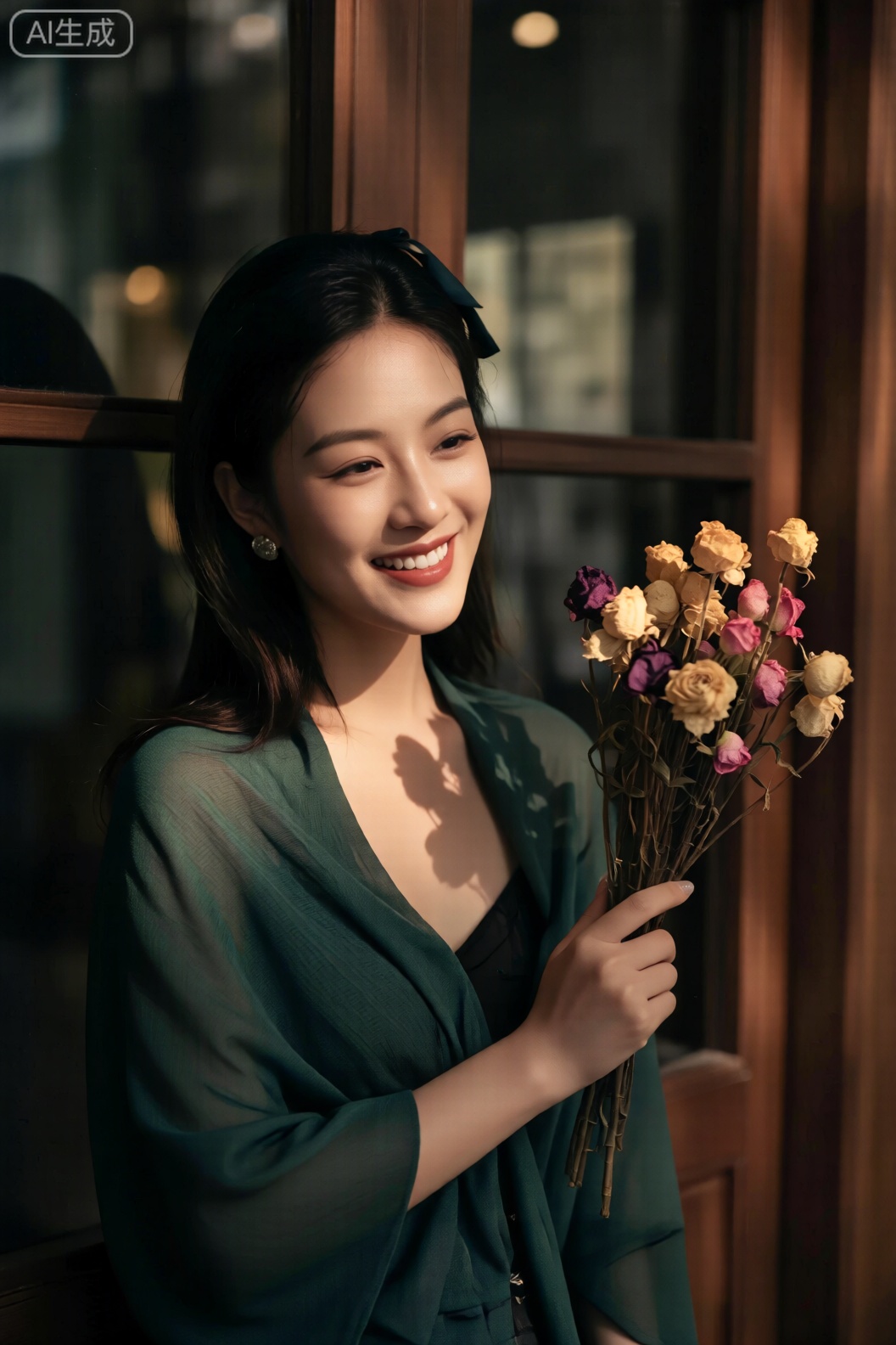 一位女性戴着黑色缎带装饰帽,披着深绿色薄款披肩,在摆着干花束的木质窗边微笑,干花影子落在披肩上,光影交织出复古清新的质感。
