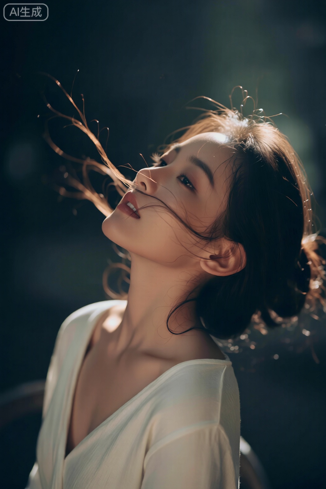 光影写真,一位女性身着白色服饰,发丝随风飘动,光影营造出富有氛围感的画面,风格温柔且具艺术感。