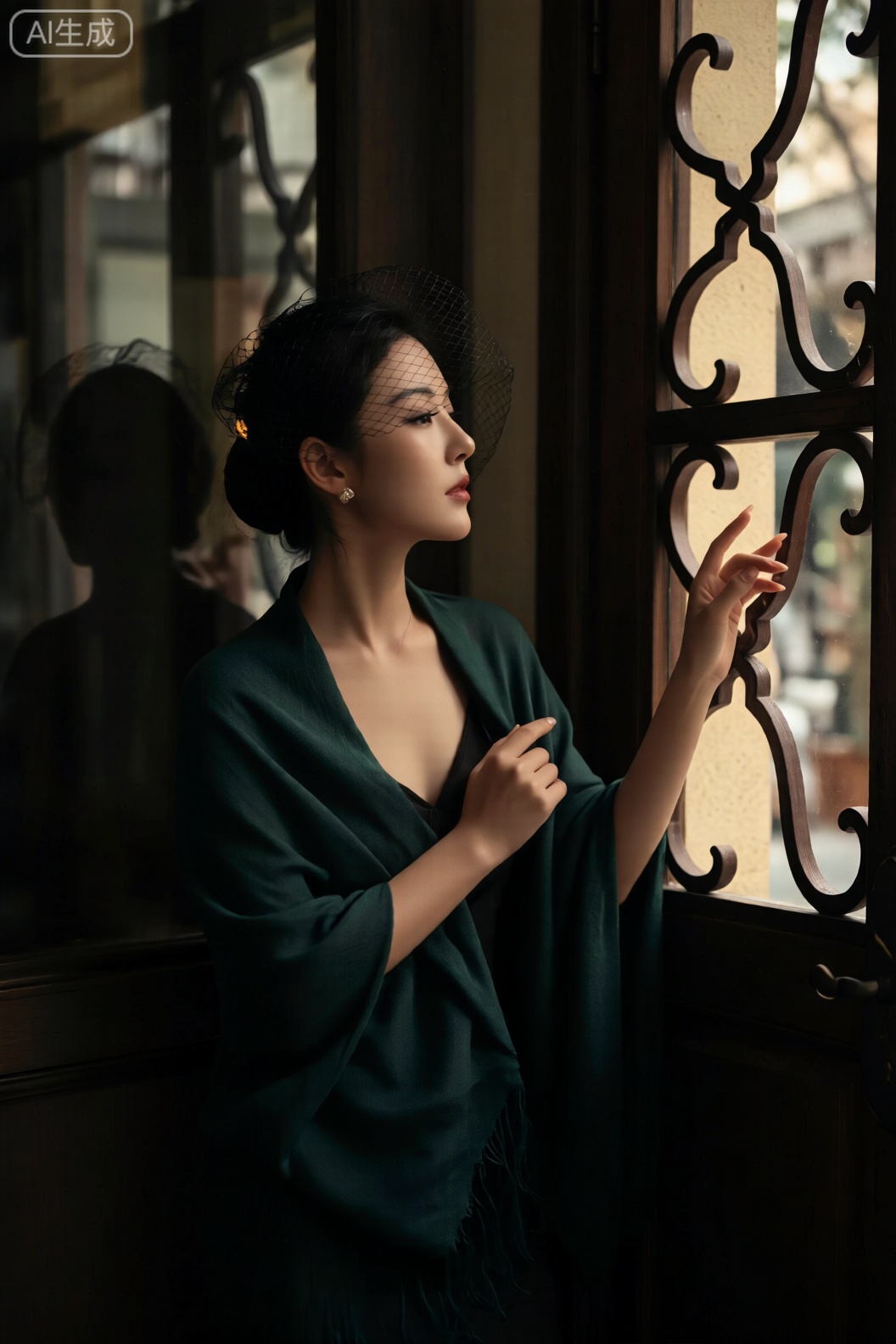 一位女性戴着黑色网纱装饰帽,披着深绿色流苏披肩,在雕有藤蔓花纹的木质窗边远眺,流苏随微风轻晃,光影明暗间透出复古浪漫的韵味。