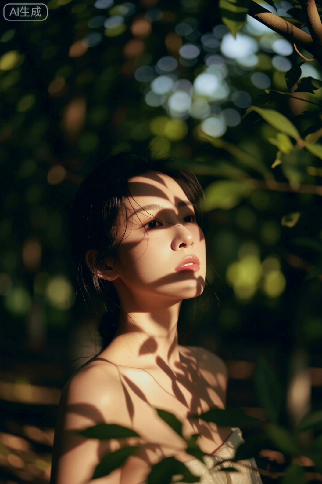 美女在柔和的自然光线下,光线透过树叶间的缝隙洒落在她的身上,形成斑驳的光影效果。背景是一片郁郁葱葱的树林,营造出宁静而浪漫的氛围。照片采用温暖色调,强调光影之间的对比与和谐。整体风格偏向写实,同时带有一丝梦幻感,捕捉瞬间的美好,营造温馨、舒适的视觉体验。