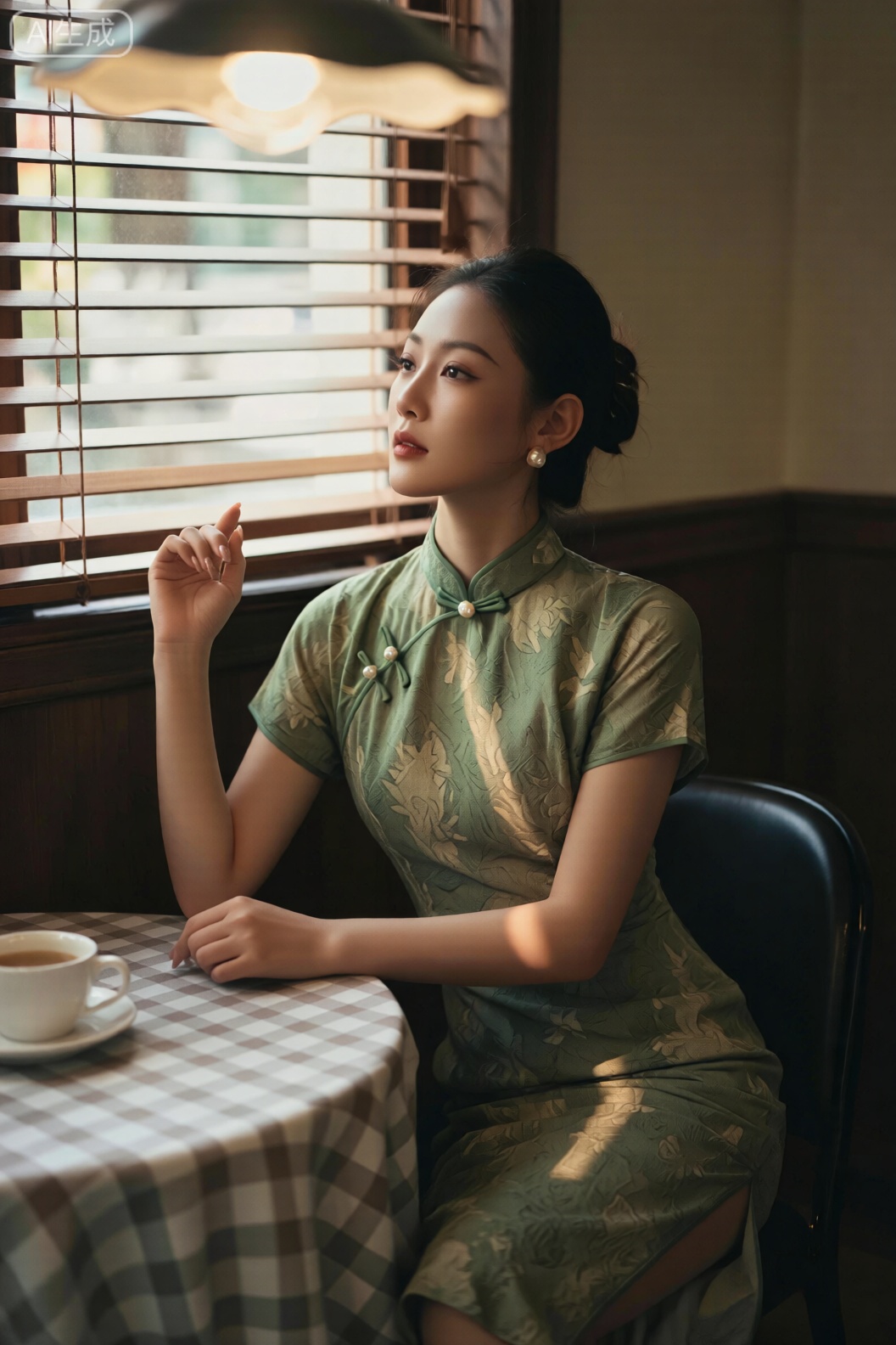 一位女性身着墨绿提花旗袍,领口别着珍珠胸针,在铺着方格桌布的老咖啡馆角落落座,阳光透过百叶窗在旗袍下摆投下竖纹光影,举手抬眸间尽是复古温婉。