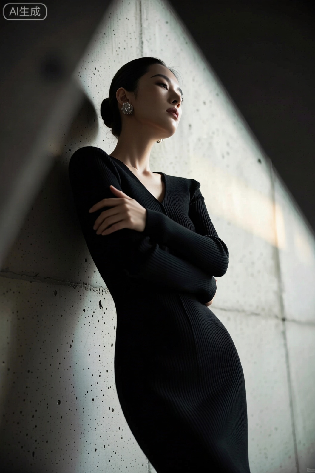 主体描述：女性穿着黑色修身针织连衣裙,凸显身材曲线,头发盘起,露出精致耳环。表情坚毅,微微扬起下巴,双臂环抱于胸前。
场景设定：近景特写面部,中景展示整体姿态。背景是一面粗糙的水泥墙,有光影错落。
光线：顶光照射,制造硬朗的光影效果。
渲染：强化颗粒质感,营造真实氛围。
色彩：以黑、灰为主色调,少量暖光点缀。
构图：三角形构图,增加画面稳定性。
拍摄角度：从下往上仰拍,突出人物气场。
滤镜：黑白颗粒滤镜。
摄影参数：佳能5D4,搭配70-200mm 镜头,快门1/160s,光圈f/3.5,焦段100mm。
光影写真