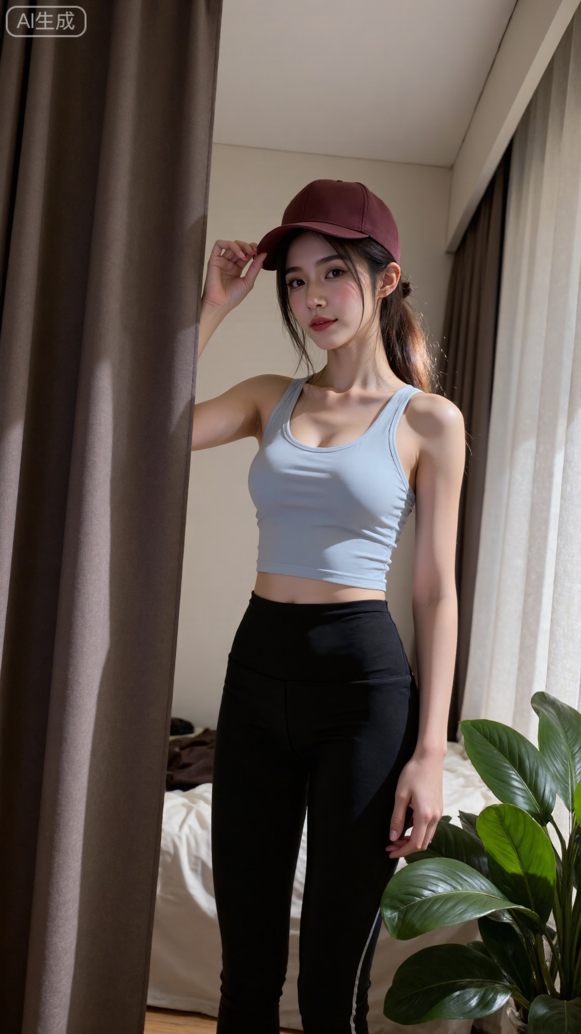 "1girl,girlish feeling,solo,highres,natural body,slim body,beauty body,highlight,swan neck detailed face,{extremely delicate and beautiful},(beautiful detailed face:1.3),(extremely fine and beautiful:1.2),Absolutely beautiful, nice eye,(beautiful eyes:1.2),bright eyes,(eyeliner:0.5),(blush:0.5) (large natural soft breasts,36D), Beautiful legs,tight highs,Legs of even thickness (20D black pantyhose) single line shoulder, collarbone, In the warm and bright bedroom, the sun shines gently through the tulle curtains to create a natural and soft light. A slender young beauty is taking a selfie in front of the mirror with her cell phone in her hand. She wore a simple and fashionable baseball cap, under the brim, a maroon ponytail dangled playfully on one shoulder, swaying slightly as she moved. The beauty has fair skin and shiny. On her delicate melon-shaped face, she has big watery eyes and is lively and vivid, and her thick eyelashes flutter like butterfly wings. Under the bridge of the high nose, his pink lips raised slightly, showing a confident and charming smile. She was wearing a slim yoga suit, with a light blue sports vest on the top, just showing her flat belly and graceful neck lines, highlighting the tight muscle lines; her lower body was paired with black yoga pants, perfectly outlining her slender and straight legs, and there were some white lines on the legs, adding a bit of fashion. The mirror reflects the simple and neat bedroom layout behind her, with a light-colored bed and a few pots of vibrant green plants. The beauty turned her body slightly to adjust the angle, and the ponytail swung gently, and the shadow of the brim changed rhythmically on her face. Her fingers touched the screen on the phone, and her eyes were sometimes focused on the screen and sometimes raised their eyes to look at the mirror, with their eyes flashing lively. As the body moves slightly, the yoga suit also deforms slightly, highlighting the dynamic changes in the body lines, especially the muscle lines of the legs rise and fall with the changes in the standing posture. The surrounding light flowed through her body due to her movements, and the leaves of the green plants behind her were also driven by the slight air flow and swayed slightly.
