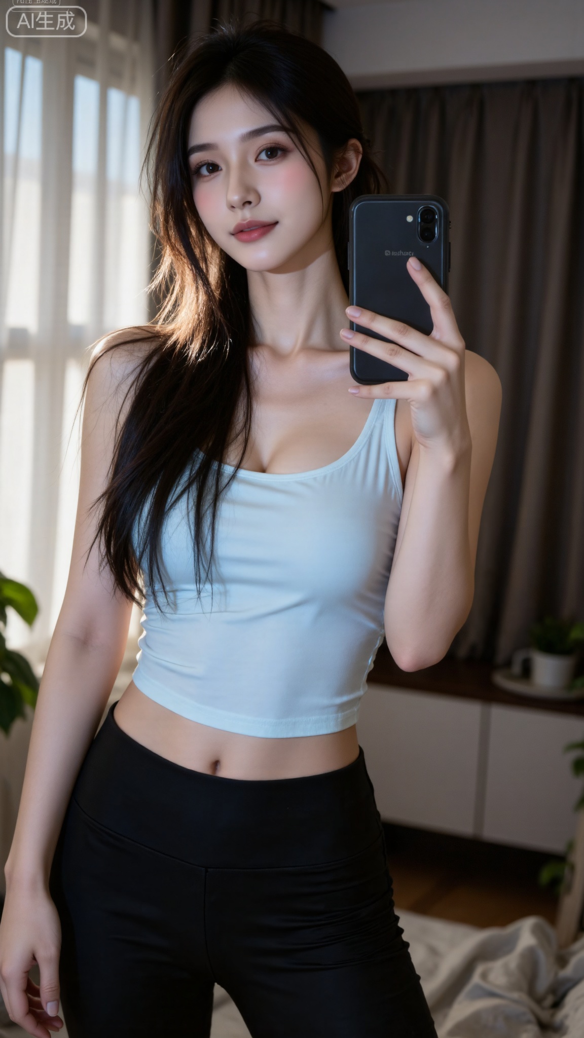 "1girl,girlish feeling,solo,highres,natural body,slim body,beauty body,highlight,swan neck detailed face,{extremely delicate and beautiful},(beautiful detailed face:1.3),(extremely fine and beautiful:1.2),Absolutely beautiful, nice eye,(beautiful eyes:1.2),bright eyes,(eyeliner:0.5),(blush:0.5) (large natural soft breasts,36D), Beautiful legs,tight highs,Legs of even thickness (20D black pantyhose) single line shoulder, collarbone, In the warm and bright bedroom, the sun shines gently through the tulle curtains to create a natural and soft light. A slender young beauty is taking a selfie in front of the mirror with her cell phone in her hand. She wore a simple and fashionable baseball cap, under the brim, a maroon ponytail dangled playfully on one shoulder, swaying slightly as she moved. The beauty has fair skin and shiny. On her delicate melon-shaped face, she has big watery eyes and is lively and vivid, and her thick eyelashes flutter like butterfly wings. Under the bridge of the high nose, his pink lips raised slightly, showing a confident and charming smile. She was wearing a slim yoga suit, with a light blue sports vest on the top, just showing her flat belly and graceful neck lines, highlighting the tight muscle lines; her lower body was paired with black yoga pants, perfectly outlining her slender and straight legs, and there were some white lines on the legs, adding a bit of fashion. The mirror reflects the simple and neat bedroom layout behind her, with a light-colored bed and a few pots of vibrant green plants. The beauty turned her body slightly to adjust the angle, and the ponytail swung gently, and the shadow of the brim changed rhythmically on her face. Her fingers touched the screen on the phone, and her eyes were sometimes focused on the screen and sometimes raised their eyes to look at the mirror, with their eyes flashing lively. As the body moves slightly, the yoga suit also deforms slightly, highlighting the dynamic changes in the body lines, especially the muscle lines of the legs rise and fall with the changes in the standing posture. The surrounding light flowed through her body due to her movements, and the leaves of the green plants behind her were also driven by the slight air flow and swayed slightly.
