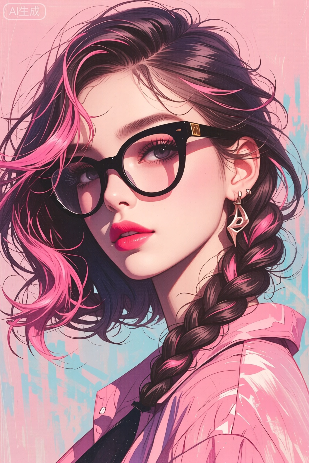 这幅插画塑造出一位极具个性与时尚感的女性形象：
外貌特征：她有着一头独特的头发,整体以深色为基调,却又融入了明亮的粉色挑染,发丝呈现出自然的卷曲与飘逸感,一侧还编成了精致的麻花辫,增添了几分灵动与俏皮。她戴着一副黑色的大框眼镜,眼镜边缘带有金色的装饰细节,为整体造型增添了精致感与时尚气息。她的眼眸明亮,眼妆精致,睫毛纤长,搭配鲜艳的红唇,妆容十分亮眼,凸显出她的个性与魅力。耳朵上佩戴着一对造型别致的耳饰,与整体风格相呼应。
穿着搭配：身着带有粉色元素的服饰,与头发的挑染色彩相呼应,整体搭配和谐且富有层次感,展现出她对时尚的独特理解与追求。
背景氛围：背景采用了粉蓝渐变的色调,色彩柔和且富有视觉冲击力,与人物的发色、服饰色彩相融合,营造出一种梦幻、时尚且充满活力的氛围,进一步突显了人物的个性与魅力。