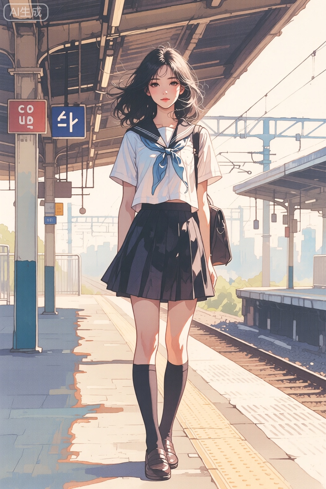 现代数字插画,女性,少女,school_uniform,长袜,车站,细腻刻画,