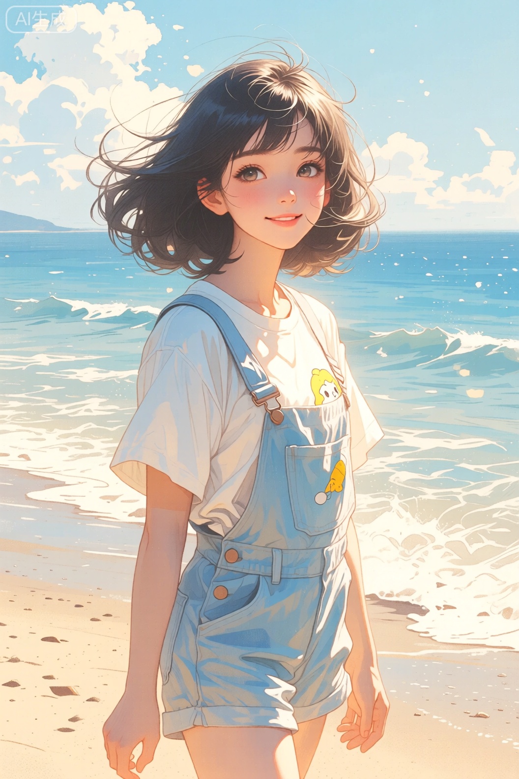 拥有灵动大眼睛与齐刘海的少女,穿着白色短袖搭配浅蓝色背带短裤,青春活力满满。她站在洒满阳光的海边沙滩上,海浪轻轻拍打着岸边,远处是湛蓝的大海与洁白的云朵。以充满童趣的梦幻现代数字插画风格展现。暖黄色的侧光,勾勒出她俏皮的轮廓,同时照亮沙滩与海浪。渲染注重细节,如衣服上的卡通图案、发丝的光泽以及沙滩的颗粒感。色彩以清新的蓝白色调为主,搭配少许明亮的黄色,活泼又亮眼。运用近景构图,着重刻画少女活泼的神态,产出高质量、洋溢少女感的性感写真。
