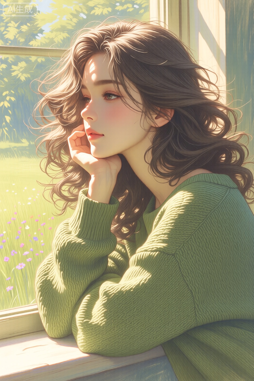 - 人物形象：画中女性有着一头蓬松的棕色卷发,发丝自然垂落,显得温柔又富有活力。她面容姣好,侧脸轮廓优美,眼眸看向窗外,神情宁静而悠远,仿佛沉浸在美好的思绪中。她穿着一件绿色的针织毛衣,毛衣质地柔软,纹理清晰,宽松的版型增添了几分慵懒与舒适感。
​
- 动作姿态：她将手肘支撑在窗台上,手托着脸颊,姿态放松且惬意,传递出一种悠然自得的氛围。
​
- 背景环境：窗外是一片生机勃勃的景象,绿油油的草地延伸向远方,草地上点缀着五颜六色的小花,阳光透过窗户洒入,光线柔和明亮,整个画面充满了春日的温暖与美好,与人物的恬静气质相得益彰。
​
- 画面风格：整体采用细腻的彩铅画风,色彩柔和清新,光影处理自然,营造出一种温馨、治愈的氛围,仿佛能让人感受到春日里的宁静与美好。