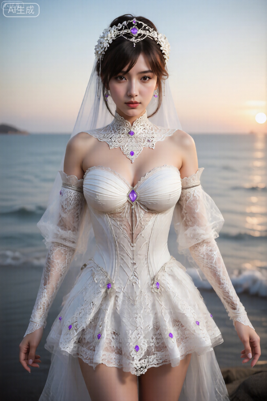 该图像以一个穿着精致的幻想风格的服装打扮的人。该人穿着白色,形状合身的紧身胸衣,上面有复杂的蕾丝细节和甜心领口,中央装饰有一个紫色的宝石。袖子很长,由透明的蕾丝织物制成,裙子也是蕾丝,装饰有花卉图案和小的紫色宝石。该人的头发在updo中造型,他们戴着包括白花和紫色宝石的头饰,与服装的整体美感相匹配。头饰从头饰延伸,增添了空灵的外观。年轻细腻白皙的皮肤,看着镜头,海边,夕阳,从头到膝盖的照片,,徐欣