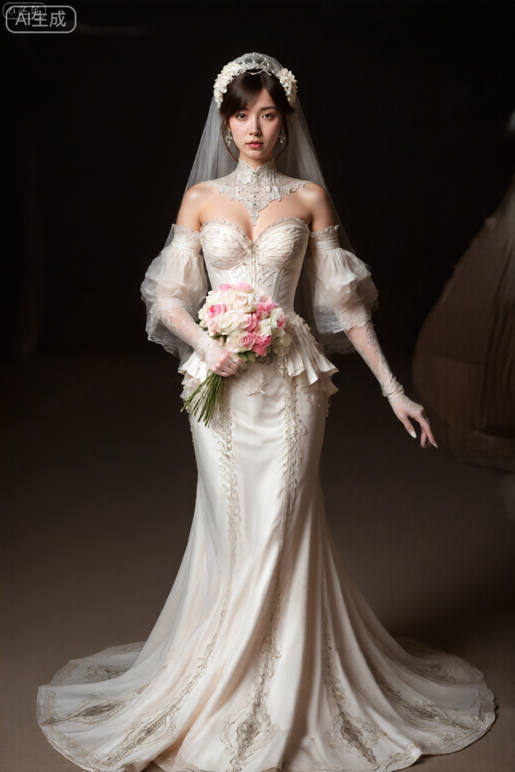 女人穿着优雅的婚纱,带有复杂的细节。这件衣服是无肩带的,带有甜心领口,并装饰有细腻的花边和刺绣。紧身胸衣安装,强调腰部,并带有带褶皱的蕾丝袖子的胸膜。她拿着一束粉红色和白玫瑰花。这件衣服的裙子漫长而畅通,有一条略微的火车具有华丽的图案。带有花卉头饰的面纱遮住了她的头发,她戴着长长的透明蕾丝手套,延伸到肘部。背景是黑暗的,使这件衣服和主题显着脱颖而出。