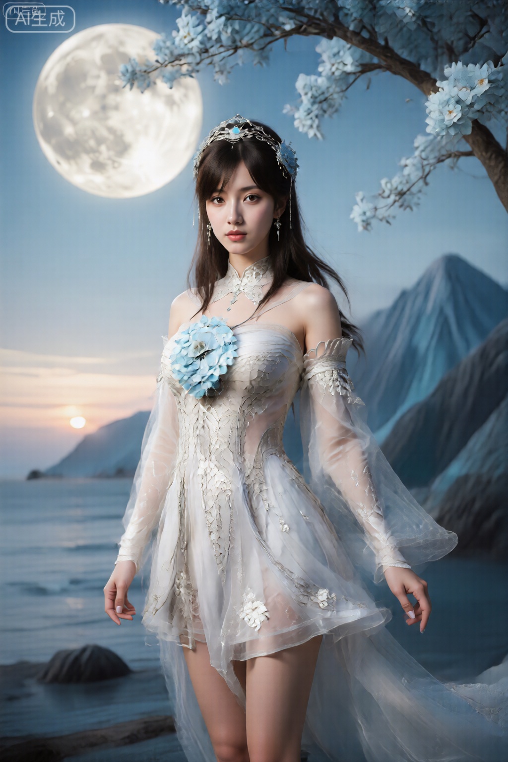 。少女细腻白皙的皮肤,看着镜头,海边,夕阳,从头到膝盖的照片,,,
该图像描绘了一个穿着精美的空灵服装的人。这款服装主要是白色的,具有复杂的花卉刺绣和半透明的织物,使其具有微妙而流动的外观。该人的头发漫长,装饰有装饰性头饰,其中包括银色和蓝色元素。在背景中,有一个大而明亮的满月,部分被浅蓝色花朵的树遮盖。该环境还包括风格化的冰冷的蓝色山脉,促成宁静和神秘的氛围。该人拥有一个装饰有类似蓝色花朵的圆形物体,从而增强了场景的凝聚力。,