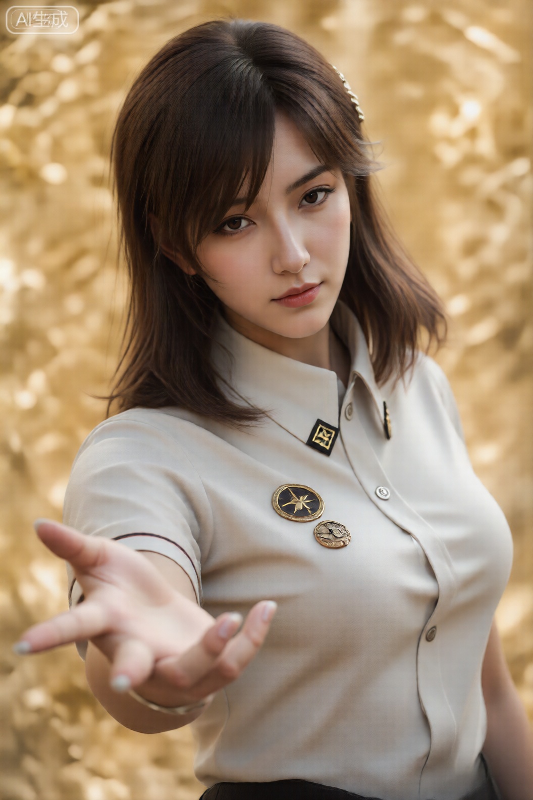 从头到膝盖高度照片,该图像的特点是一个肩膀长棕色头发的人,额头上有几条链子。他们穿着浅米色或脱白色的纽扣衬衫,袖子短。在衬衫上,有几个装饰销或徽章。一个徽章是椭圆形的,具有深色的背景和金星设计,另一个是带有金色标志的小黑色正方形,第三个是一个带有复杂细节的圆形徽章。该人的手张开,手指稍微张开,仿佛伸出手或示意。背景是模糊的,由温暖的金色音调组成,暗示着带有叶子的自然环境,可能是秋叶。照明柔软而温暖,突出了该人的特征,并营造出温柔,诱人的氛围。 