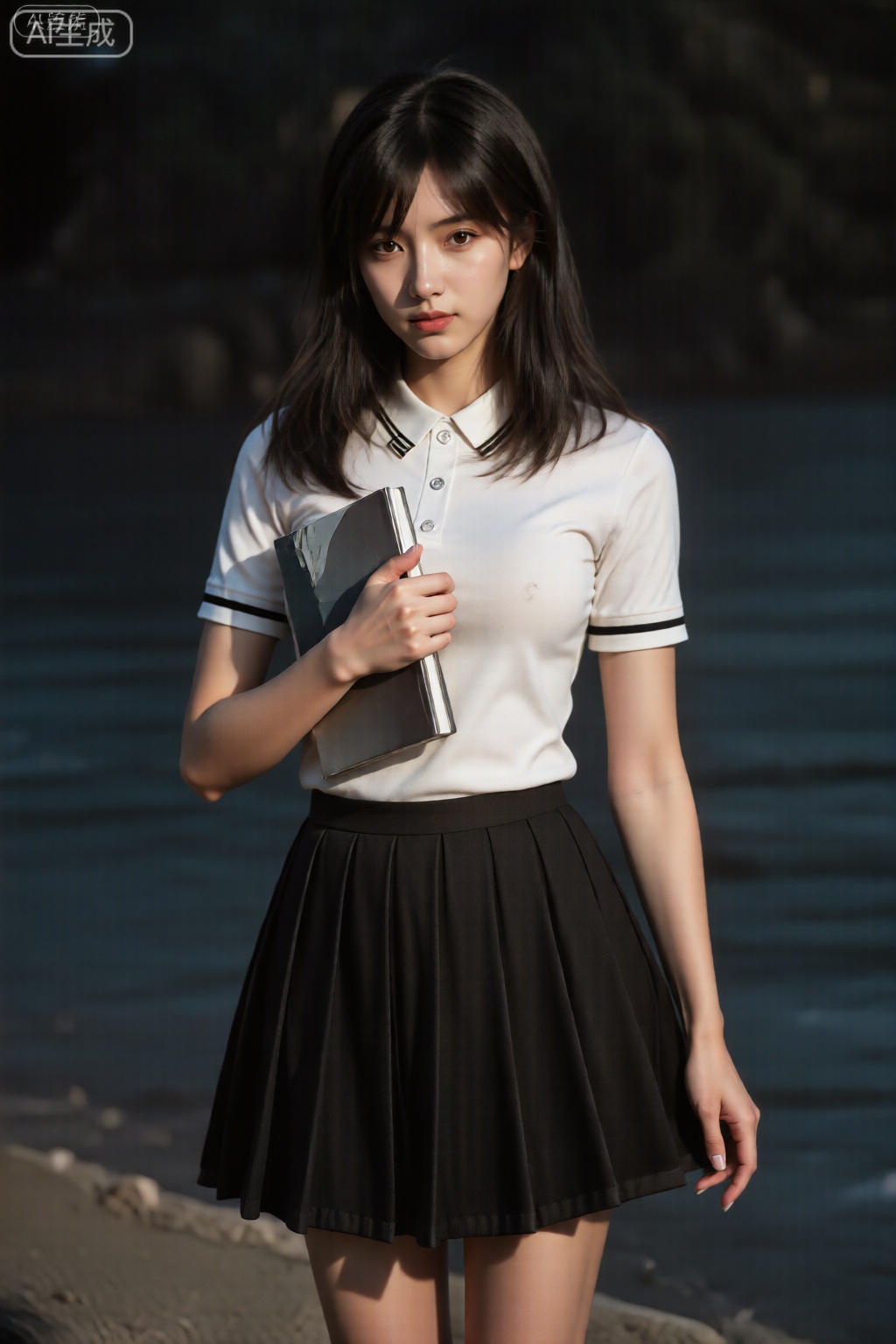 一个年轻的女人,身穿长长的黑发,穿着一件白色的短袖polo衬衫,袖子和项圈上有黑色饰边,搭配黑色百褶裙。她的右手拿着一本封闭的书,该书位于胸前。。照明是戏剧性的,融合了温暖而凉爽的色调,突出了主题并创造了深度感。。
年轻细腻白皙的皮肤,看着镜头,海边,夕阳,从头到膝盖的照片,,徐欣