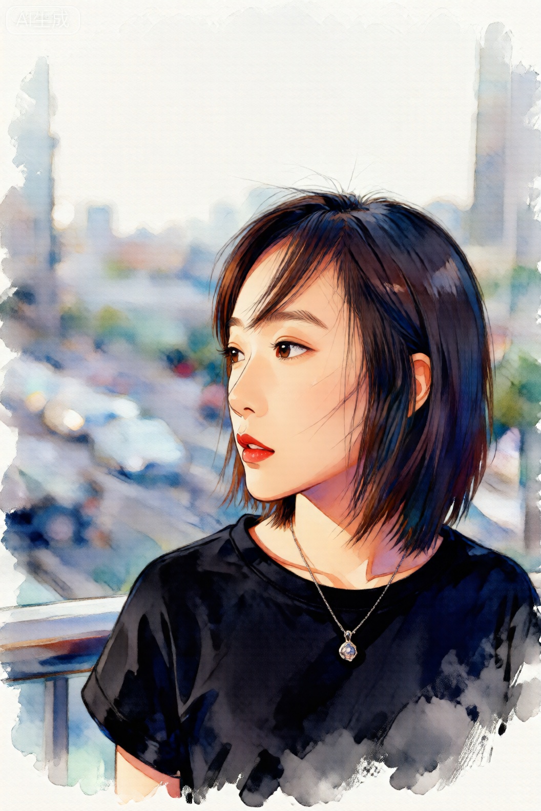 The image depicts a young woman with short, dark hair and a thoughtful expression. She is wearing a black top and a necklace with a pendant. The background is a watercolor-style cityscape at night, with blurred lights and a slightly blurred effect, giving a dreamy atmosphere. The woman is looking to her left, and the overall color palette is soft and muted, with a focus on the watercolors used for the background.