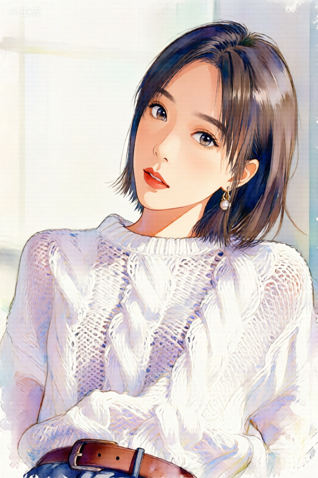 The image depicts a young woman with short, dark brown hair styled in a slightly messy manner. She is wearing a white, knitted sweater with a cable pattern that covers her chest and arms. Her outfit is complemented by a brown belt with a metallic buckle, and she has a pair of earrings that appear to be pearl-like. The background is softly blurred, featuring a window with light streaming through, suggesting a bright, possibly indoor setting. The overall style of the image is a digital illustration with a watercolor effect, giving it a soft and dreamy appearance.
