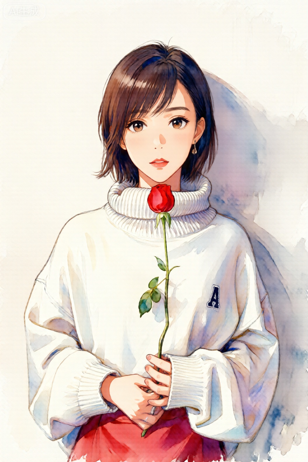 The image depicts a young woman with short, dark brown hair, wearing a white turtleneck sweater with a small letter "A" on the left side of her chest. She is holding a single red rose in her hands, which are gently clasped together in front of her. The background is a soft watercolor wash, giving a gentle and dreamy effect to the scene. The overall atmosphere is serene and slightly nostalgic, with the watercolor style adding a touch of elegance and warmth.