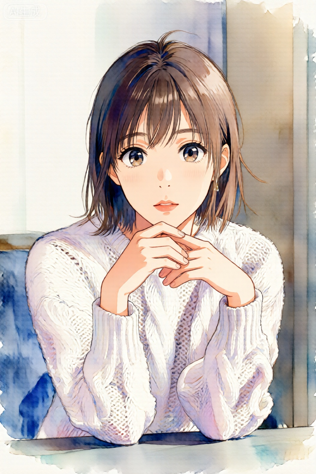 The image depicts a young woman with short brown hair and large, expressive eyes. She is wearing a white, knitted sweater with intricate patterns. Her hands are clasped together in front of her, and she appears to be sitting at a table. The background is a soft watercolor wash, with muted tones of blue and beige, giving a calm and serene atmosphere. The overall style of the image is reminiscent of a traditional Japanese anime or manga illustration.