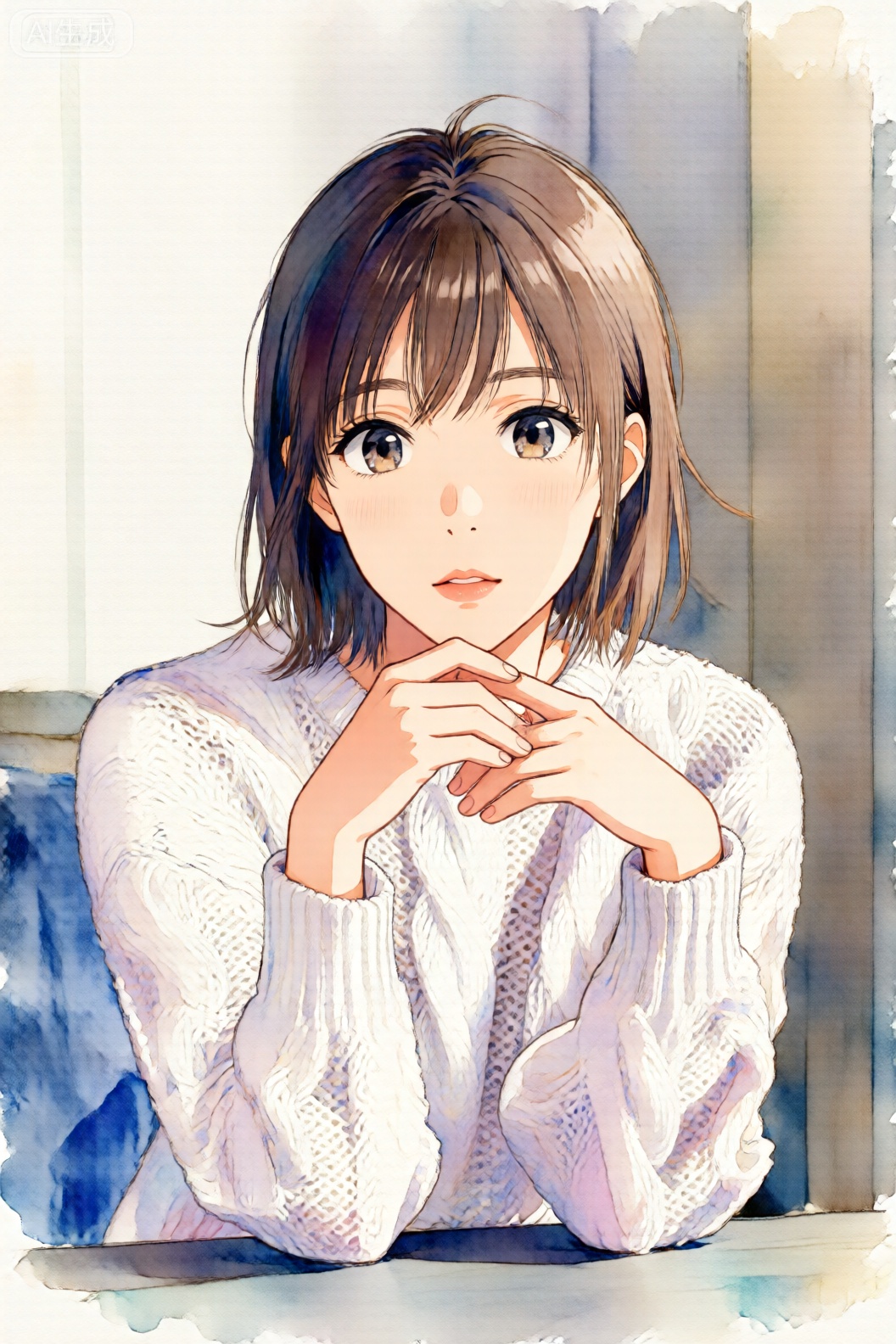 The image depicts a young woman with short brown hair and large, expressive eyes. She is wearing a white, knitted sweater with intricate patterns. Her hands are clasped together in front of her, and she appears to be sitting at a table. The background is a soft watercolor wash, with muted tones of blue and beige, giving a calm and serene atmosphere. The overall style of the image is reminiscent of a traditional Japanese anime or manga illustration.