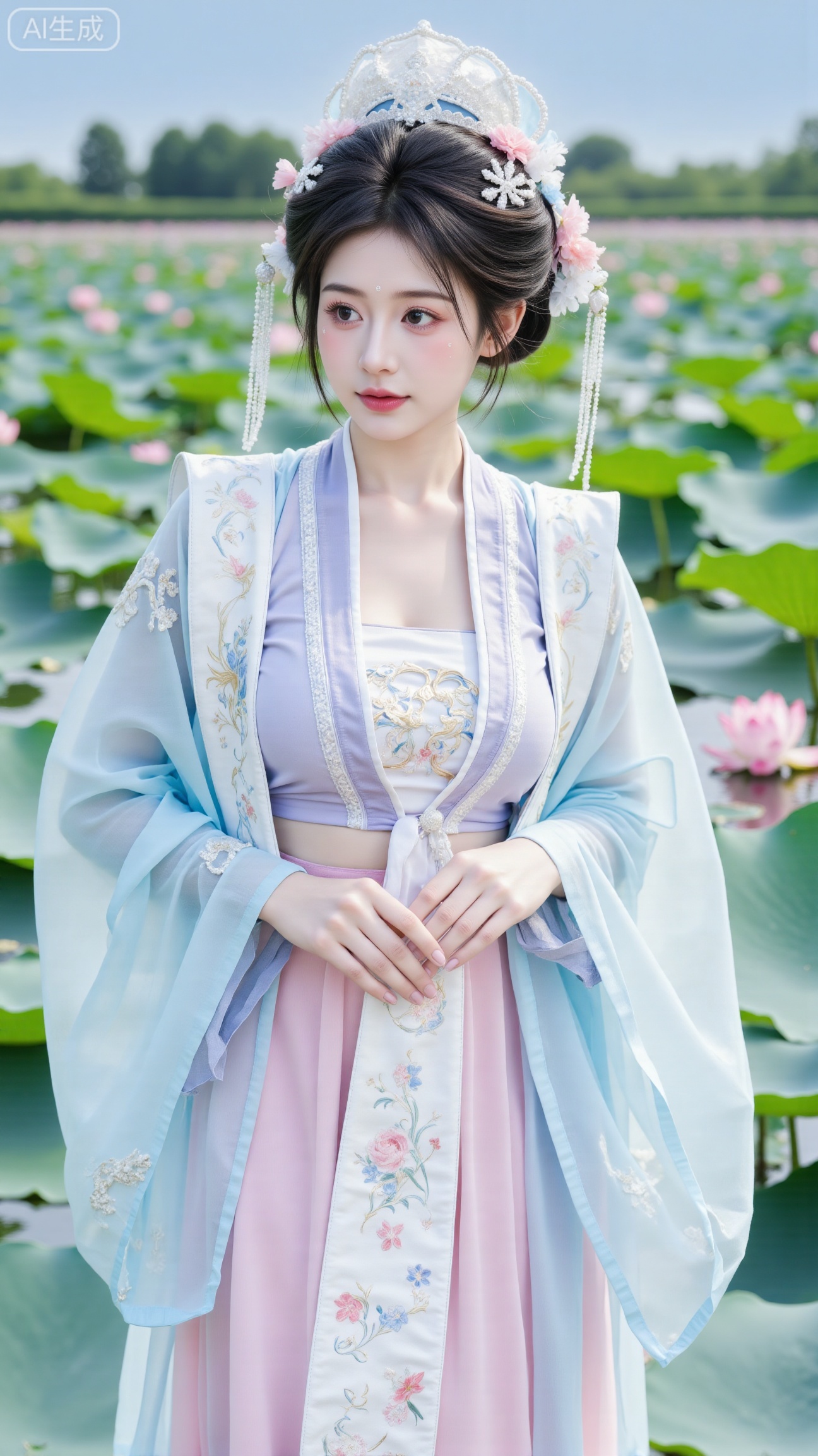 (masterpiece, best quality:1.2),1girl, navel, solo, midriff,  shoulders, hair ornament, flower, hair flower, black hair, red lips,BREAK, (looking at viewer:1.39), Song-style Hanfu clothes,(Holographic pink pleated skirt:1.39), (Holographic purple beizi:1.39),(Holographic green|pink Song Dynasty style tube top:1.29),purple eyes,blurry, solo focus, very long hair, lips, daytime, lipstick, outdoors, (upper body,Long legs:1.29),(Extra large cup,K cup:1.49),, background, 1girl, makeup, hair bun,(Blue sky:1.39),( Garden Lotus Pond,pink lotus,green Lotus Leaf:1.49), (huge breasts, full breasts:2.99),XbaifengsongyuYH,Xbigbreasts,Xxiapeisongzhihanfu,Xnangongjin2,Xnangongjin,Xsongzhihanfuxiapei