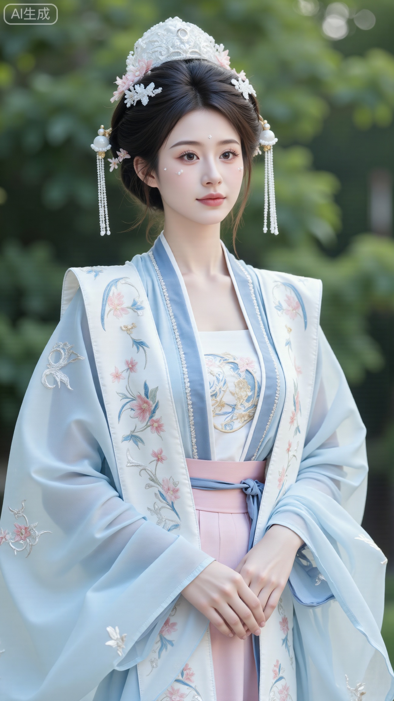 (masterpiece, best quality:1.23),A maiden in Hanfu, presented in the aesthetic of Hayao Miyazakis works, with flowing sleeves, on a background of an ancient forest where light filters through the leaves like a dream,(huge breasts, full breasts:2.98),XbaifengsongyuYH,Xbigbreasts,Xxiapeisongzhihanfu,Xnangongjin2,Xnangongjin,Xsongzhihanfuxiapei