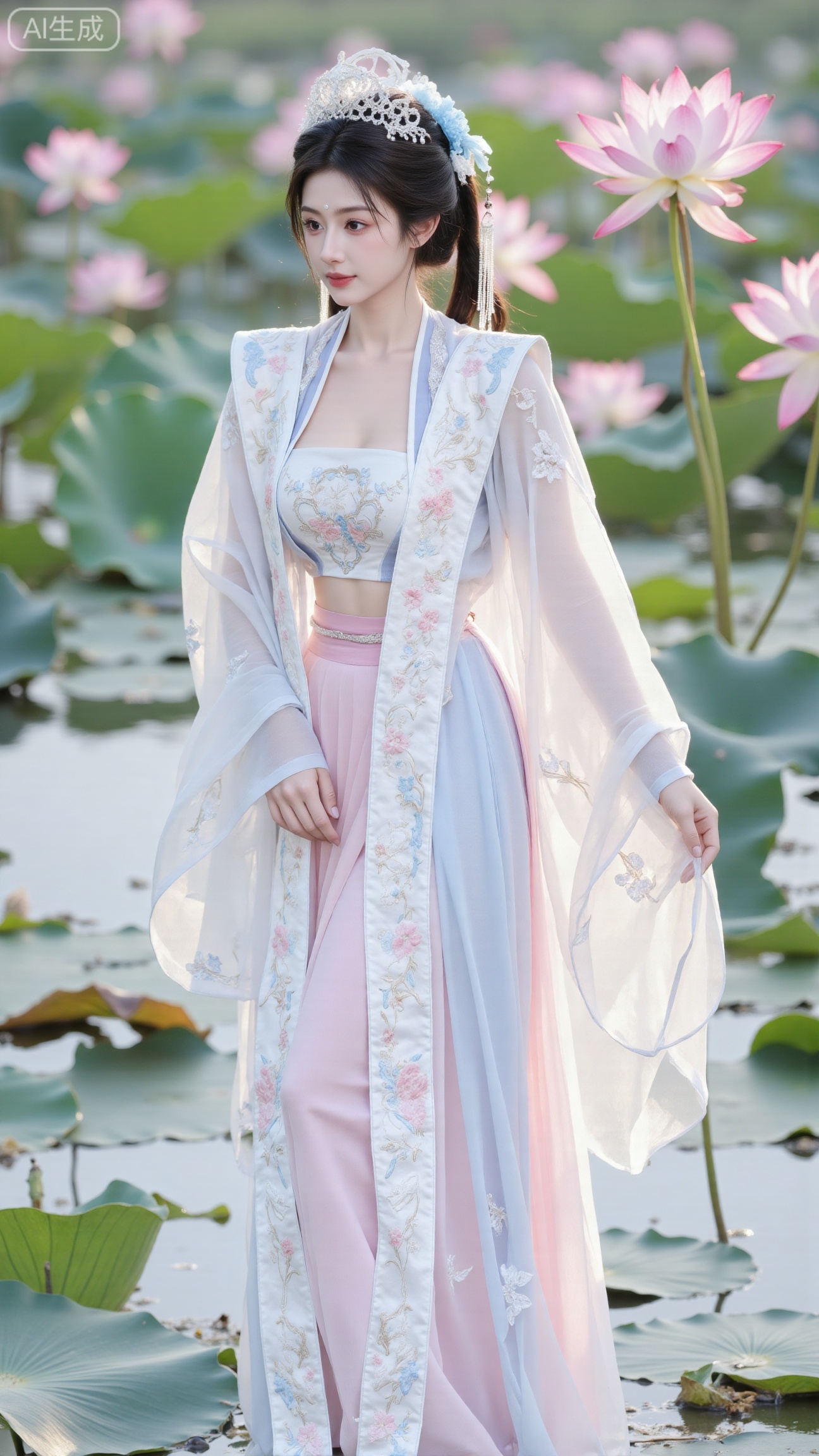  (huge breasts:2.89),(full breasts:2.89),(masterpiece, best quality:1.2),1girl, navel, solo, midriff, bare shoulders, hair ornament,(long hair),(High double ponytail:1.49), red lips, BREAK, (looking at viewer:1.39), chinese clothes,(Holographic Color long dress:1.36), (lace,Rainbow Gradient Color:1.28), BREAK,blurry, solo focus, long hair, lips, daytime, lipstick, outdoors, standing,upper body,(cleavage,Slightly bend forward:1.39),(huge breasts:2.89), background, solo, makeup,(Stockings, high heels:1.29),(huge breasts:2.99),(full breasts:2.99),,(Background with lotus pond and pink lotus flowers:1.39),XbaifengsongyuYH,Xbigbreasts,Xxiapeisongzhihanfu,Xnangongjin2,Xnangongjin,Xsongzhihanfuxiapei