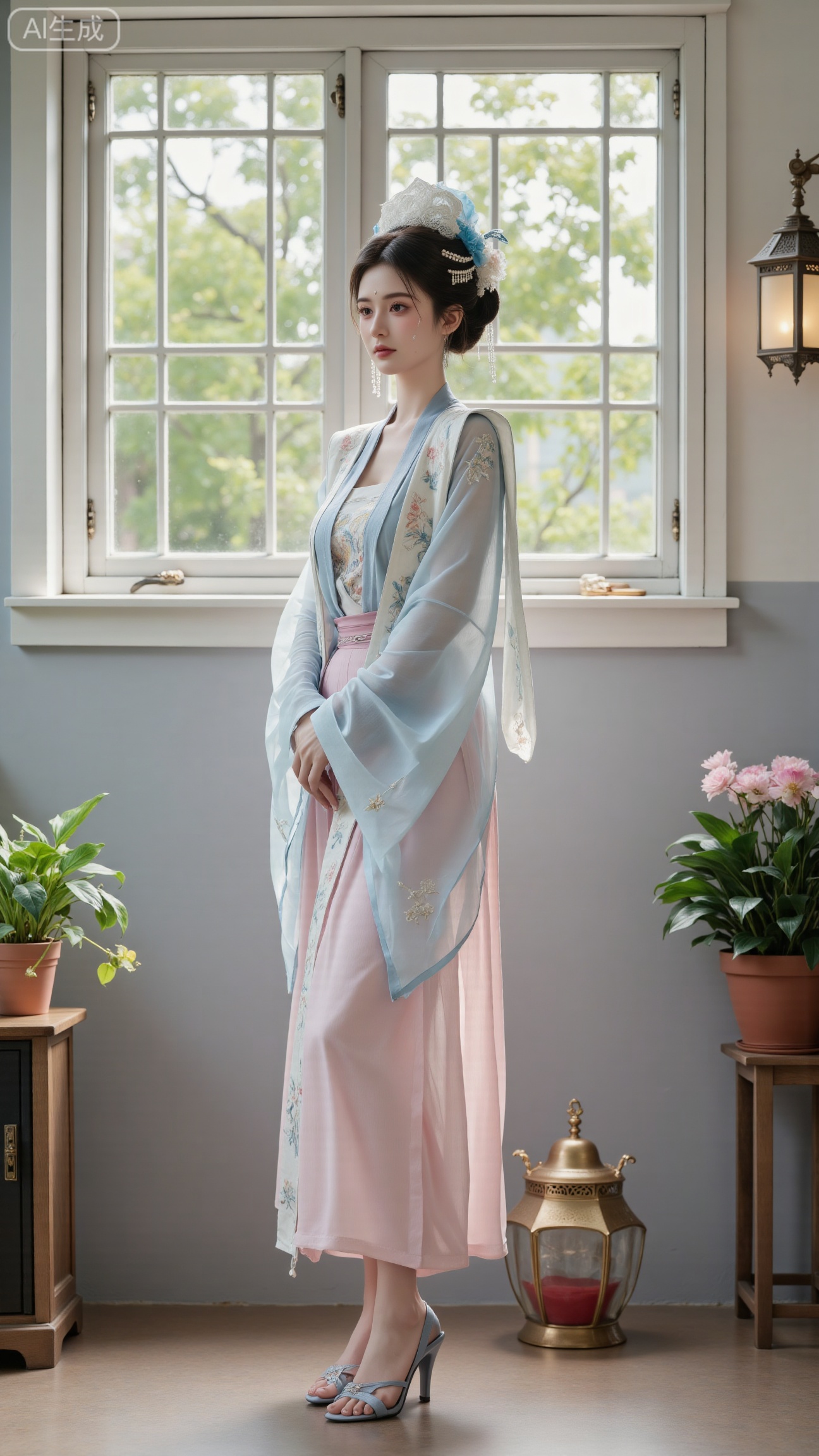  (masterpiece, best quality:1.2),indoors,window,traditional lantern,bare legs,potted plants, long legs,dress,blurry background,motion blur,full body,legs,beautiful detailed eyes,legs,breasts,Detailed eyes,CG rendering,8K resolution,8K quality,Volume light,room,forest,(huge breasts:2.99),(full breasts:2.99),XbaifengsongyuYH,Xbigbreasts,Xxiapeisongzhihanfu,Xnangongjin2,Xnangongjin,Xsongzhihanfuxiapei