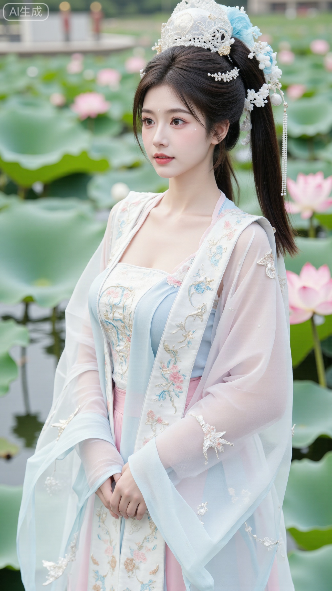  (huge breasts:2.89),(full breasts:2.89),(masterpiece, best quality:1.2),1girl, navel, solo, midriff, bare shoulders, hair ornament,(long hair),(High double ponytail:1.49), red lips, BREAK, (looking at viewer:1.39), chinese clothes,(Holographic Color long dress:1.36), (lace,Rainbow Gradient Color:1.28), BREAK,blurry, solo focus, long hair, lips, daytime, lipstick, outdoors, standing,upper body,(cleavage,Slightly bend forward:1.39),(huge breasts:2.89), background, solo, makeup,(Stockings, high heels:1.29),(huge breasts:2.99),(full breasts:2.99),,(Background with lotus pond and pink lotus flowers:1.39),XbaifengsongyuYH,Xbigbreasts,Xxiapeisongzhihanfu,Xnangongjin2,Xnangongjin,Xsongzhihanfuxiapei