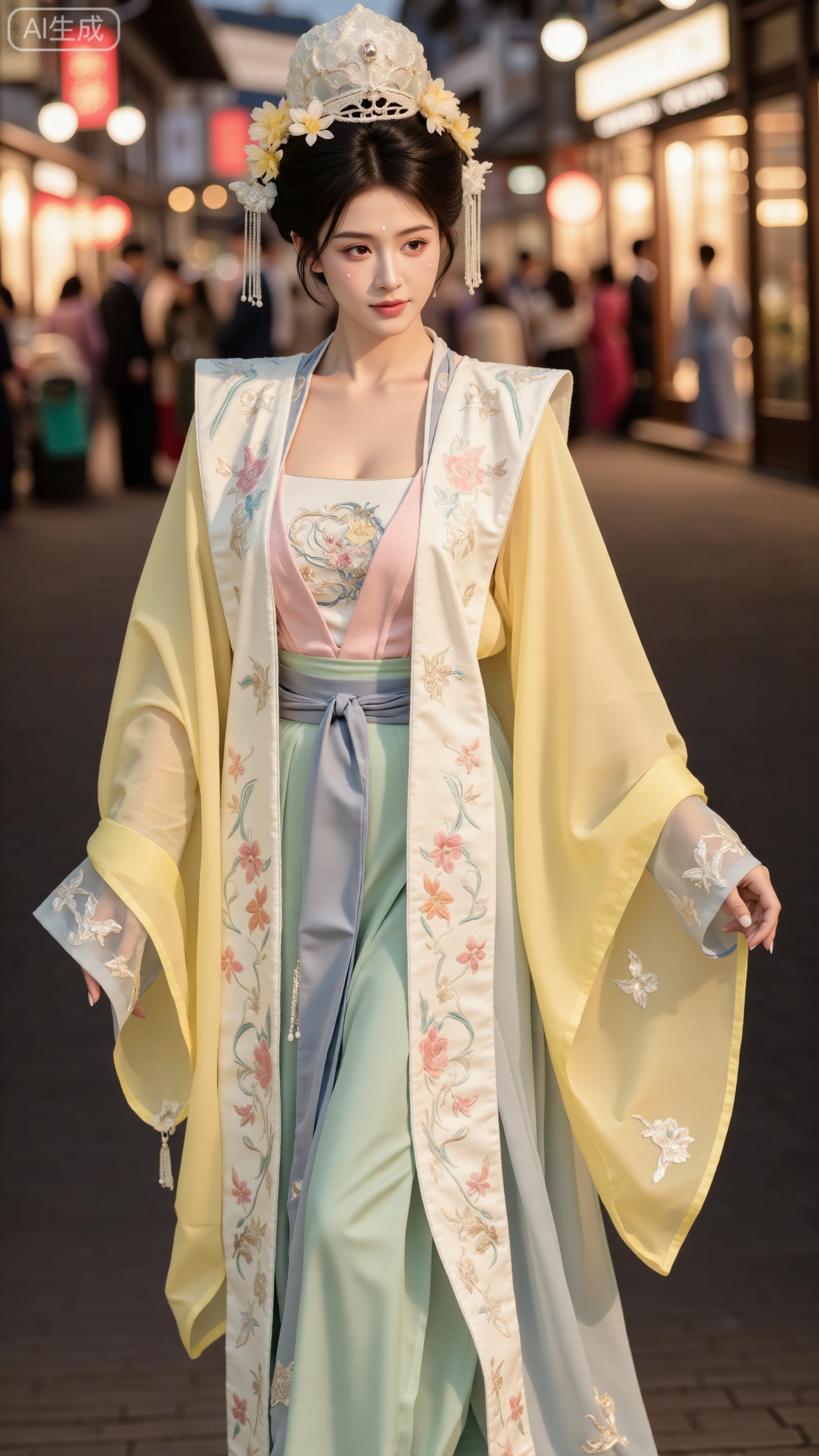 masterpiece, best quality, A beautiful girl in Song - style Hanfu wears a goose - yellow front - opening long gown, with a light - pink Song - style bustier inside and a green pleated skirt. The cuffs of the long gown are embroidered with tender - yellow winter jasmine flowers, and the pleats of the pleated skirt are delicate. She is in the bustling Bianjing night market, curiously looking at the dazzling array of stalls around. The night market is ablaze with lights, and the crowd is bustling, full of the lively atmosphere of the marketplace, (huge breasts, full breasts:2.99)XbaifengsongyuYH,Xbigbreasts,Xxiapeisongzhihanfu,Xnangongjin2,Xnangongjin,Xsongzhihanfuxiapei