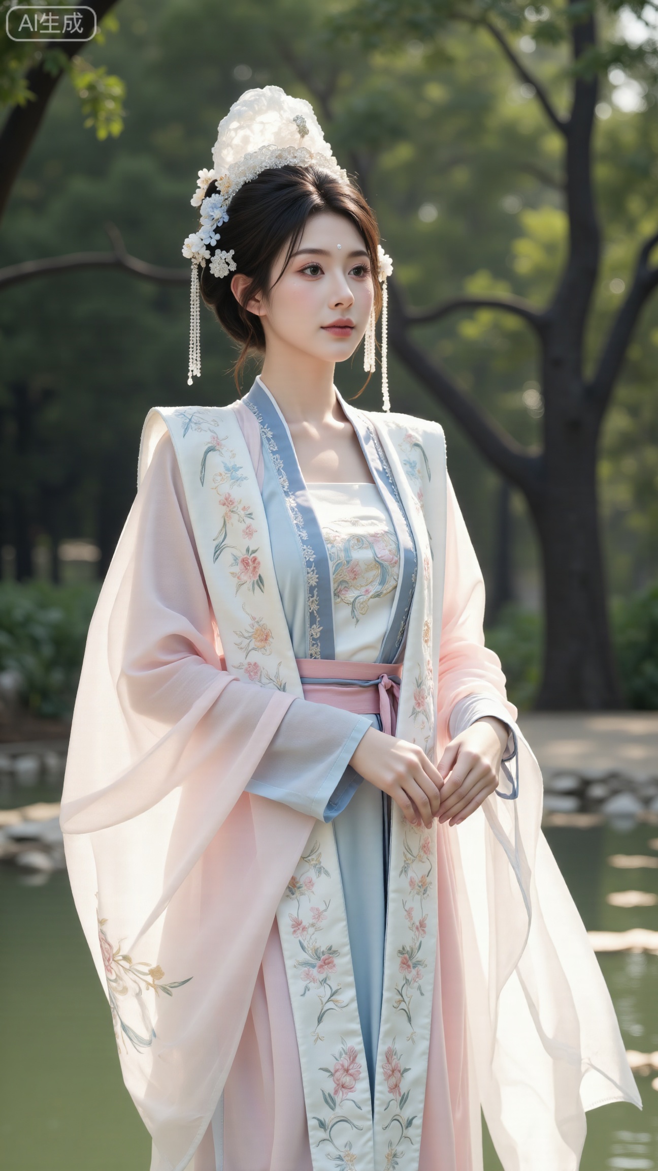 (masterpiece, best quality:1.23),A maiden in Hanfu, presented in the aesthetic of Hayao Miyazakis works, with flowing sleeves, on a background of an ancient forest where light filters through the leaves like a dream,(huge breasts, full breasts:2.98),XbaifengsongyuYH,Xbigbreasts,Xxiapeisongzhihanfu,Xnangongjin2,Xnangongjin,Xsongzhihanfuxiapei