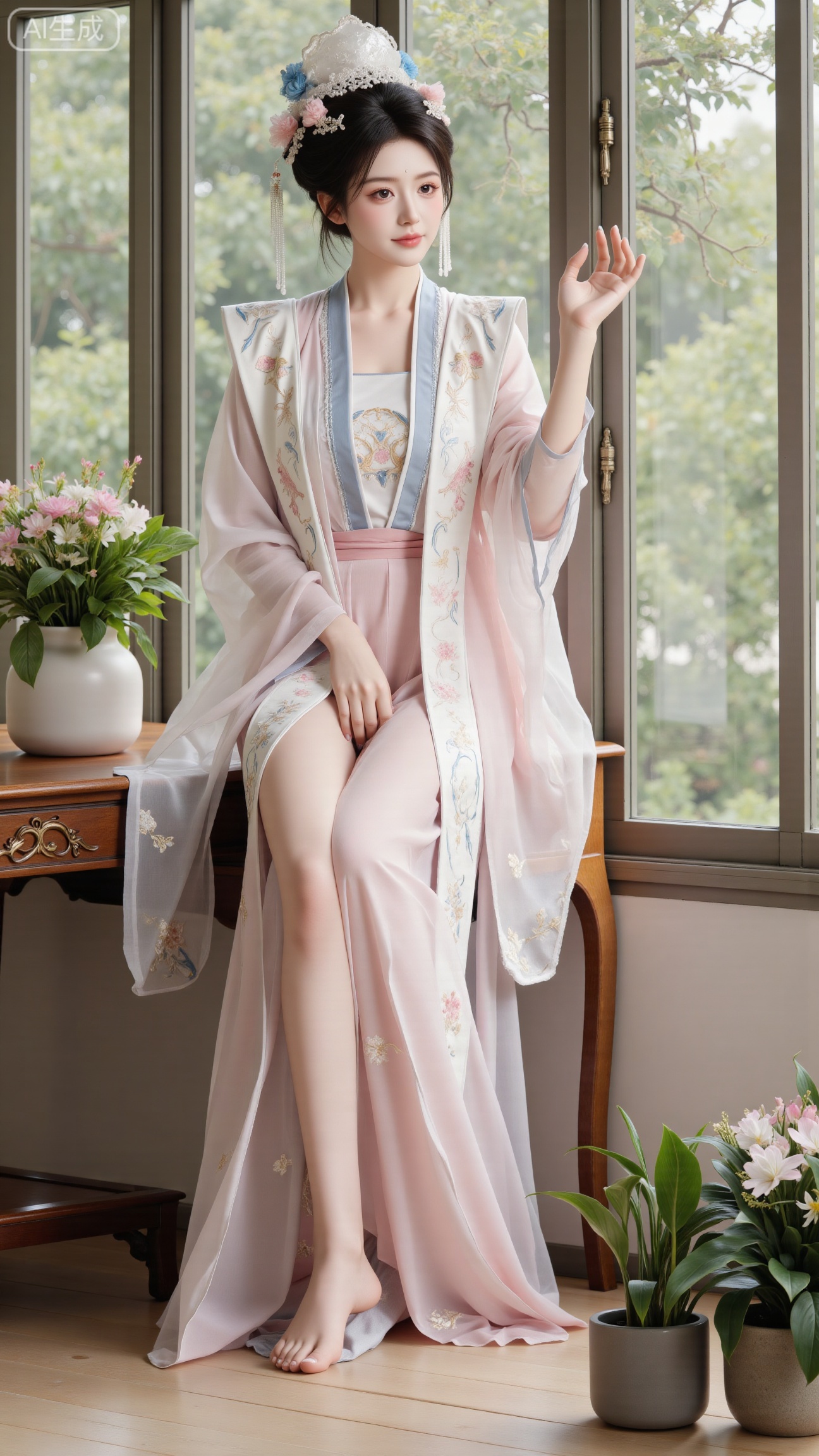  (masterpiece, best quality:1.2),indoors,window,traditional lantern,bare legs,potted plants, long legs,dress,blurry background,motion blur,full body,legs,beautiful detailed eyes,legs,breasts,Detailed eyes,CG rendering,8K resolution,8K quality,Volume light,room,forest,(huge breasts:2.99),(full breasts:2.99),XbaifengsongyuYH,Xbigbreasts,Xxiapeisongzhihanfu,Xnangongjin2,Xnangongjin,Xsongzhihanfuxiapei