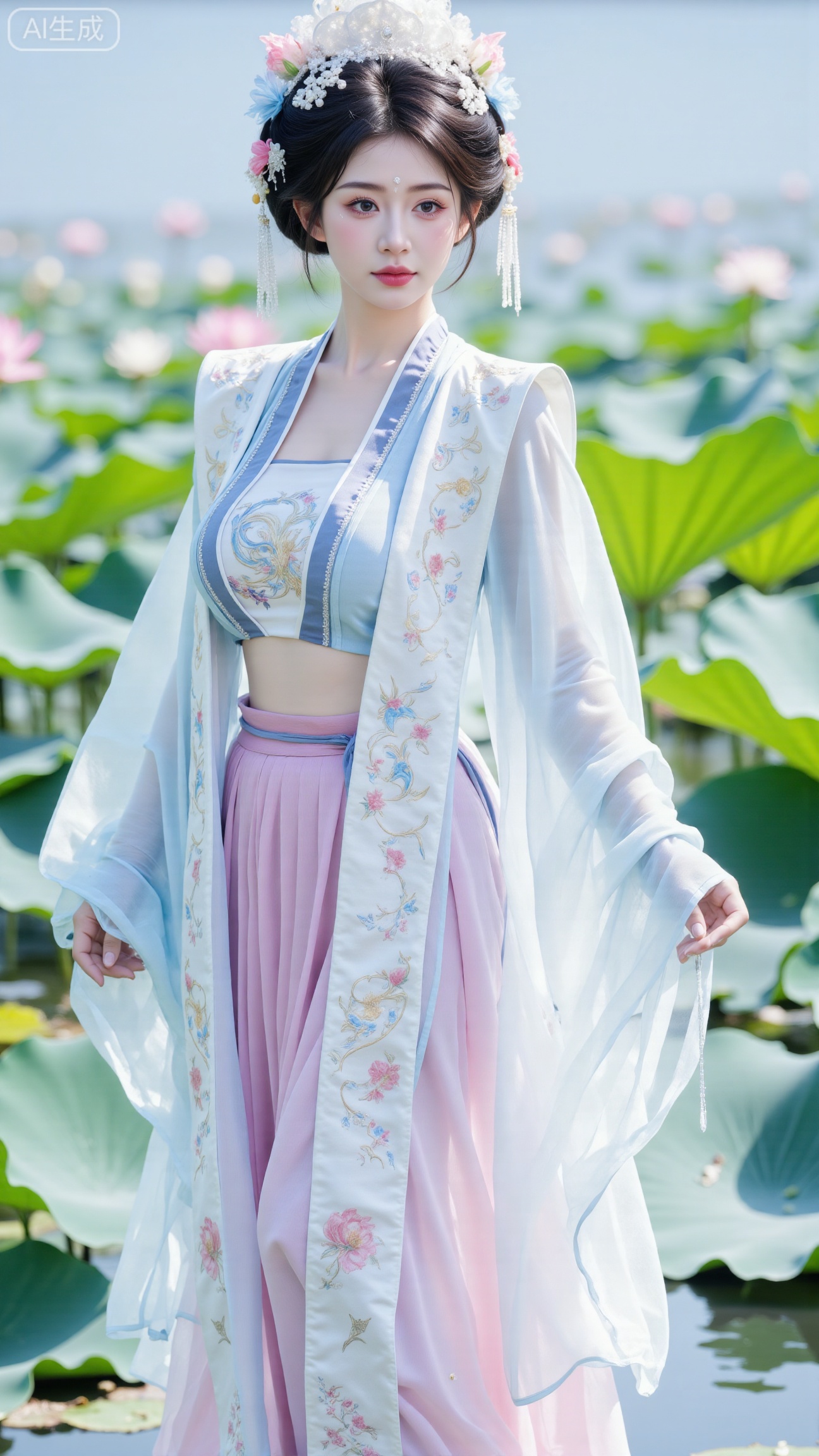 (masterpiece, best quality:1.2),1girl, navel, solo, midriff,  shoulders, hair ornament, flower, hair flower, black hair, red lips,BREAK, (looking at viewer:1.39), Song-style Hanfu clothes,(Holographic pink pleated skirt:1.39), (Holographic purple beizi:1.39),(Holographic green|pink Song Dynasty style tube top:1.29),purple eyes,blurry, solo focus, very long hair, lips, daytime, lipstick, outdoors, (upper body,Long legs:1.29),(Extra large cup,K cup:1.49),, background, 1girl, makeup, hair bun,(Blue sky:1.39),( Garden Lotus Pond,pink lotus,green Lotus Leaf:1.49), (huge breasts, full breasts:2.99),XbaifengsongyuYH,Xbigbreasts,Xxiapeisongzhihanfu,Xnangongjin2,Xnangongjin,Xsongzhihanfuxiapei