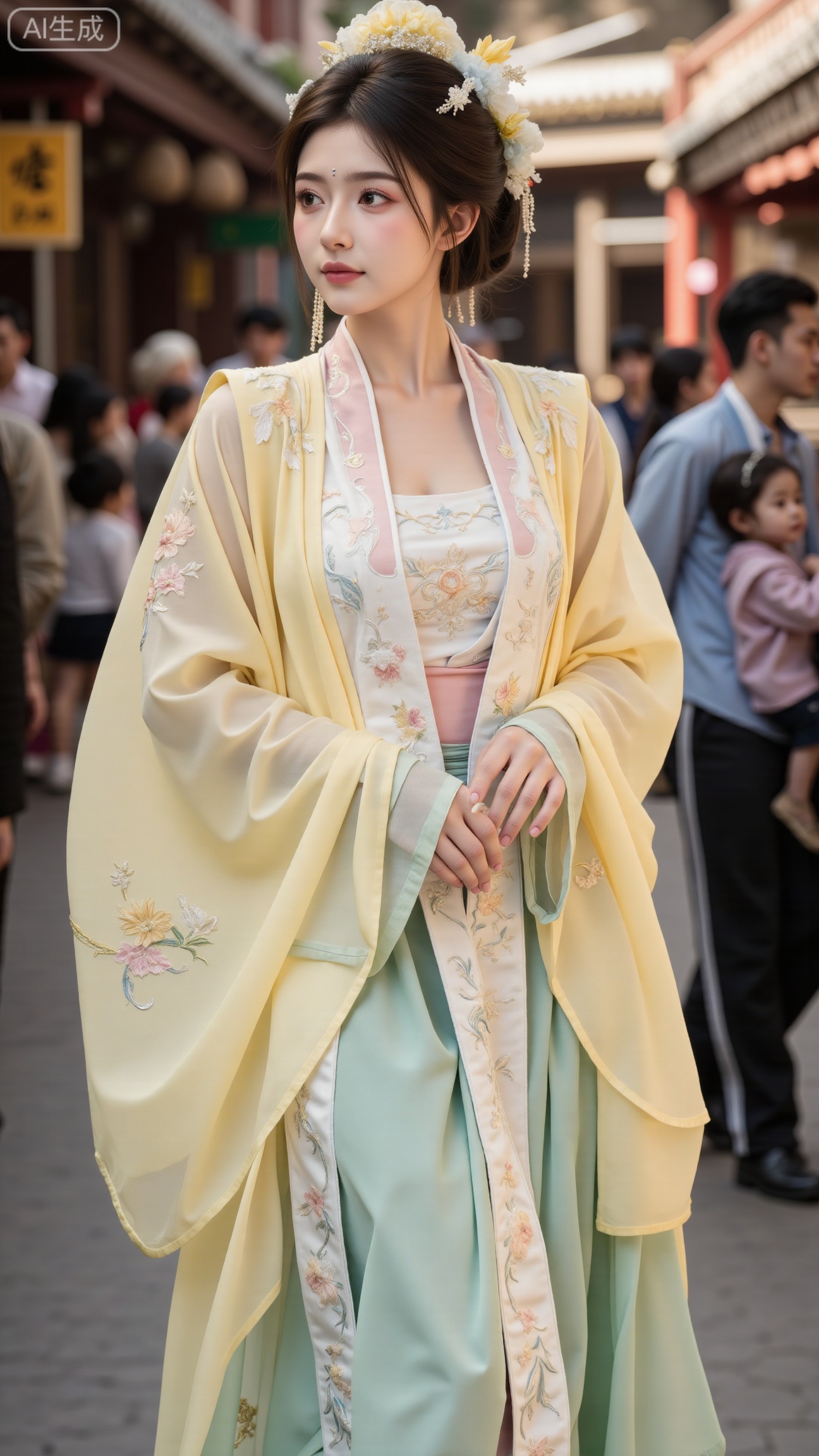 masterpiece, best quality, A beautiful girl in Song - style Hanfu wears a goose - yellow front - opening long gown, with a light - pink Song - style bustier inside and a green pleated skirt. The cuffs of the long gown are embroidered with tender - yellow winter jasmine flowers, and the pleats of the pleated skirt are delicate. She is in the bustling Bianjing night market, curiously looking at the dazzling array of stalls around. The night market is ablaze with lights, and the crowd is bustling, full of the lively atmosphere of the marketplace, (huge breasts, full breasts:2.99)Xbigbreasts,XbaifengsongyuYH,,Xxiapeisongzhihanfu,Xsongzhihanfuxiapei,Xnangongjin,Xnangongjin2