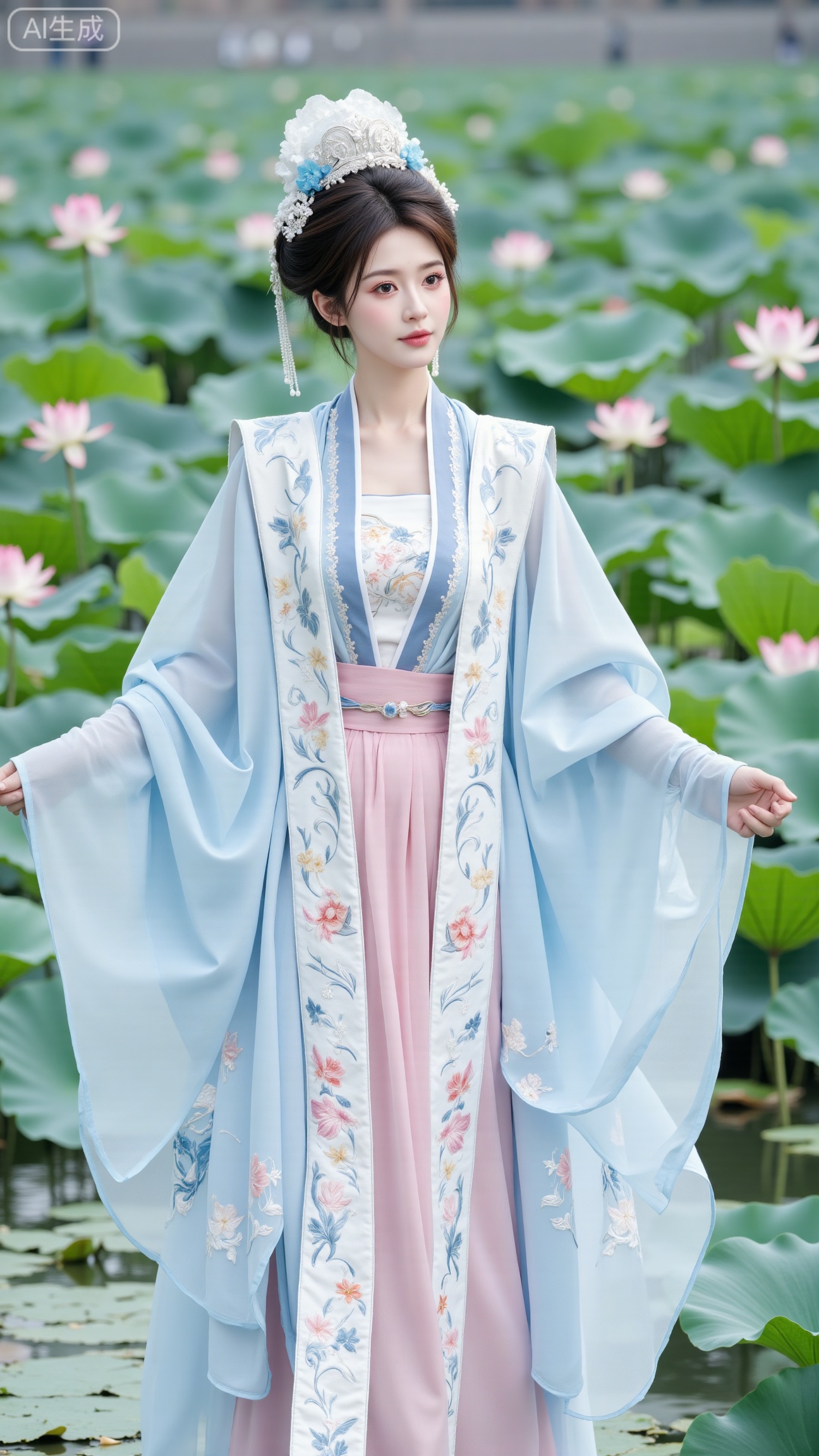 (huge breasts:2.99),(full breasts:2.99),(masterpiece:1.2),best quality,1girl, Xxiapeisongzhihan,big breasts,Hanfu, Song Dynasty Hanfu, xiapei, ancient style, Chinese style, embroidery,(Blue sky:1.39),( Garden Lotus Pond,pink lotus,green Lotus Leaf:1.49), (huge breasts, full breasts:2.99),Xbigbreasts,XbaifengsongyuYH,,Xxiapeisongzhihanfu,Xsongzhihanfuxiapei,Xnangongjin,Xnangongjin2