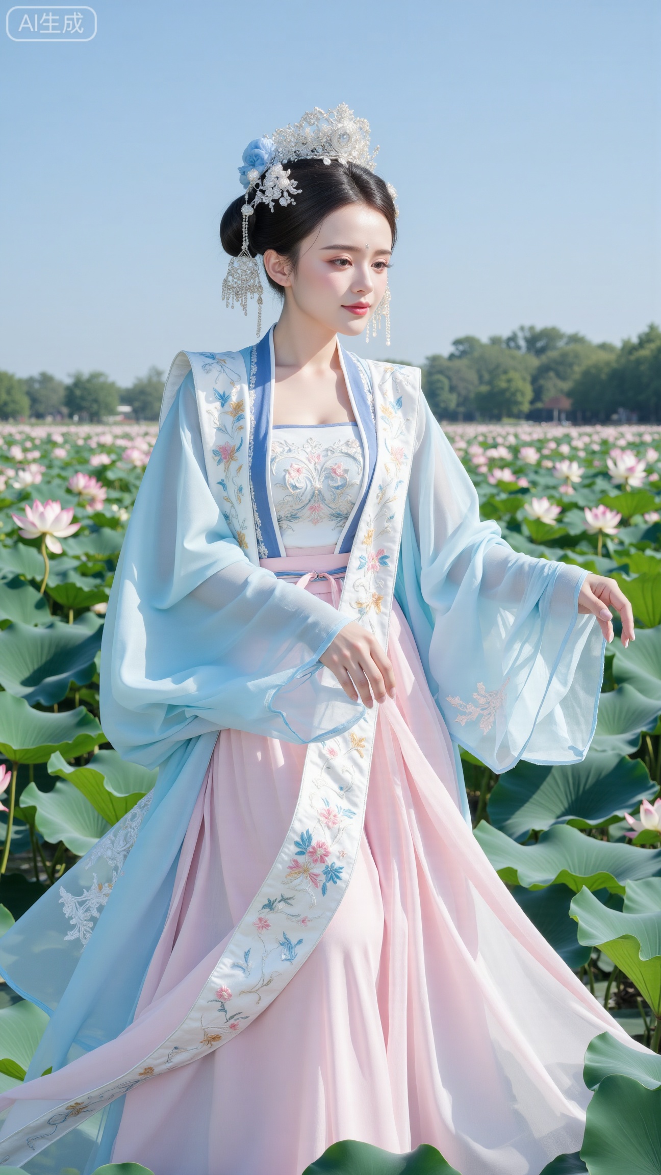(huge breasts:2.99),(full breasts:2.99),(masterpiece:1.2),best quality,1girl, Xxiapeisongzhihan,big breasts,Hanfu, Song Dynasty Hanfu, xiapei, ancient style, Chinese style, embroidery,(Blue sky:1.39),( Garden Lotus Pond,pink lotus,green Lotus Leaf:1.49), (huge breasts, full breasts:2.99),Xbigbreasts,XbaifengsongyuYH,,Xxiapeisongzhihanfu,Xsongzhihanfuxiapei,Xnangongjin,Xnangongjin2