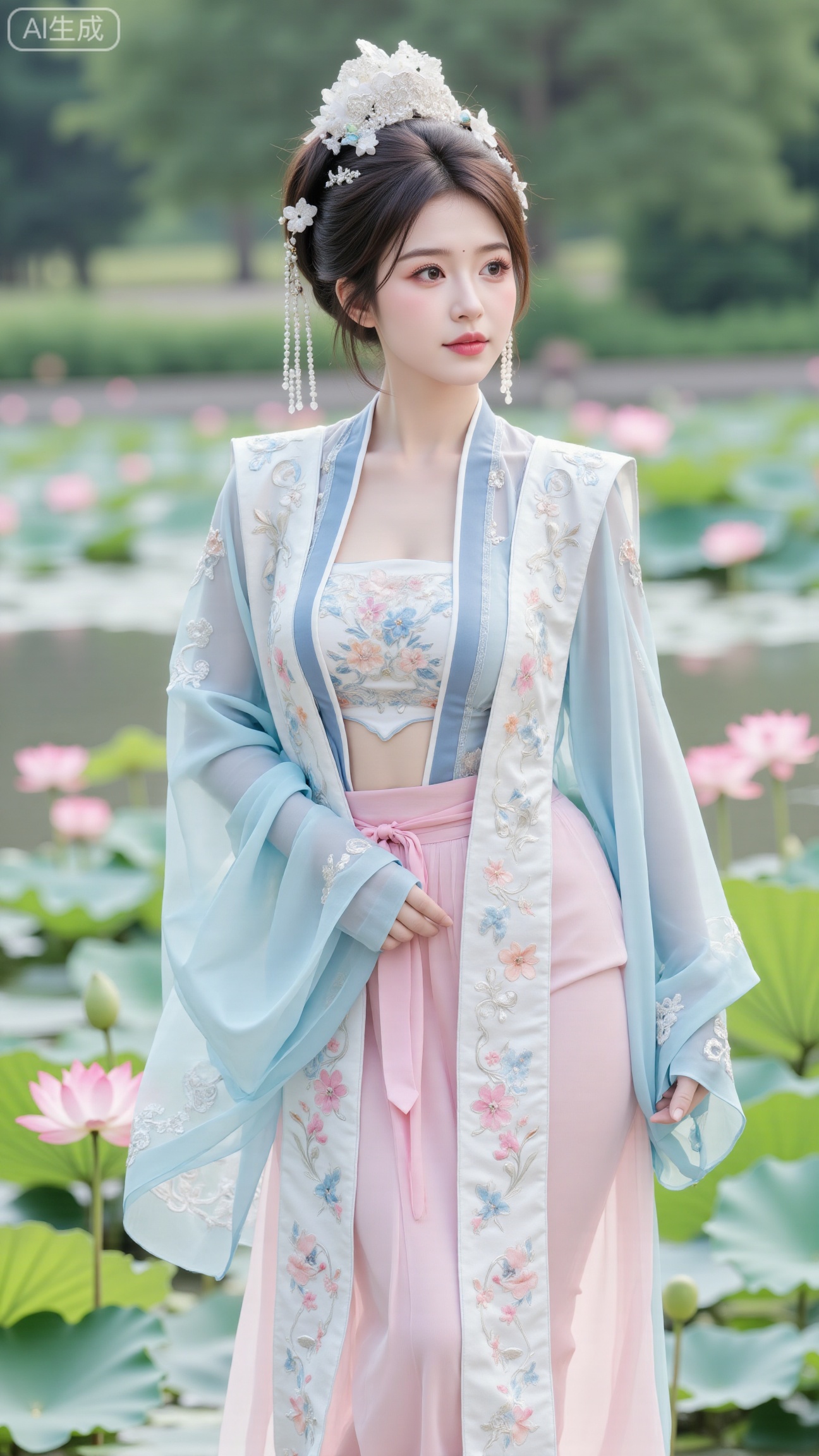  (huge breasts:2.89),(full breasts:2.89),(masterpiece, best quality:1.2),1girl, navel, solo, midriff, bare shoulders, hair ornament,(long hair),(High double ponytail:1.49), red lips, BREAK, (looking at viewer:1.39), chinese clothes,(Holographic Color long dress:1.36), (lace,Rainbow Gradient Color:1.28), BREAK,blurry, solo focus, long hair, lips, daytime, lipstick, outdoors, standing,upper body,(cleavage,Slightly bend forward:1.39),(huge breasts:2.89), background, solo, makeup,(Stockings, high heels:1.29),(huge breasts:2.99),(full breasts:2.99),,(Background with lotus pond and pink lotus flowers:1.39),Xbigbreasts,XbaifengsongyuYH,,Xxiapeisongzhihanfu,Xsongzhihanfuxiapei,Xnangongjin,Xnangongjin2