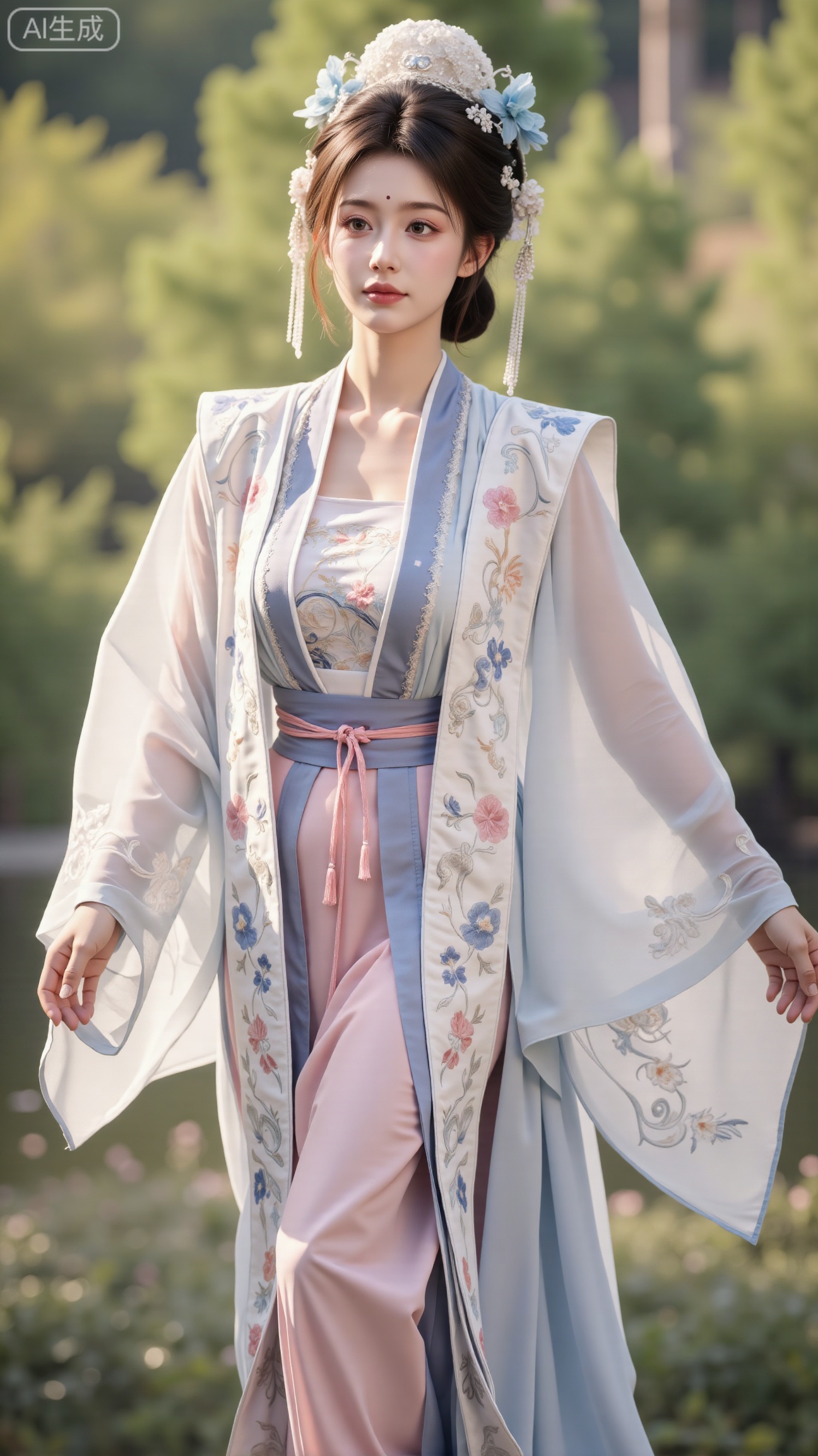 (masterpiece, best quality:1.23),A maiden in Hanfu, presented in the aesthetic of Hayao Miyazakis works, with flowing sleeves, on a background of an ancient forest where light filters through the leaves like a dream,(huge breasts, full breasts:2.98),Xbigbreasts,XbaifengsongyuYH,,Xxiapeisongzhihanfu,Xsongzhihanfuxiapei,Xnangongjin,Xnangongjin2