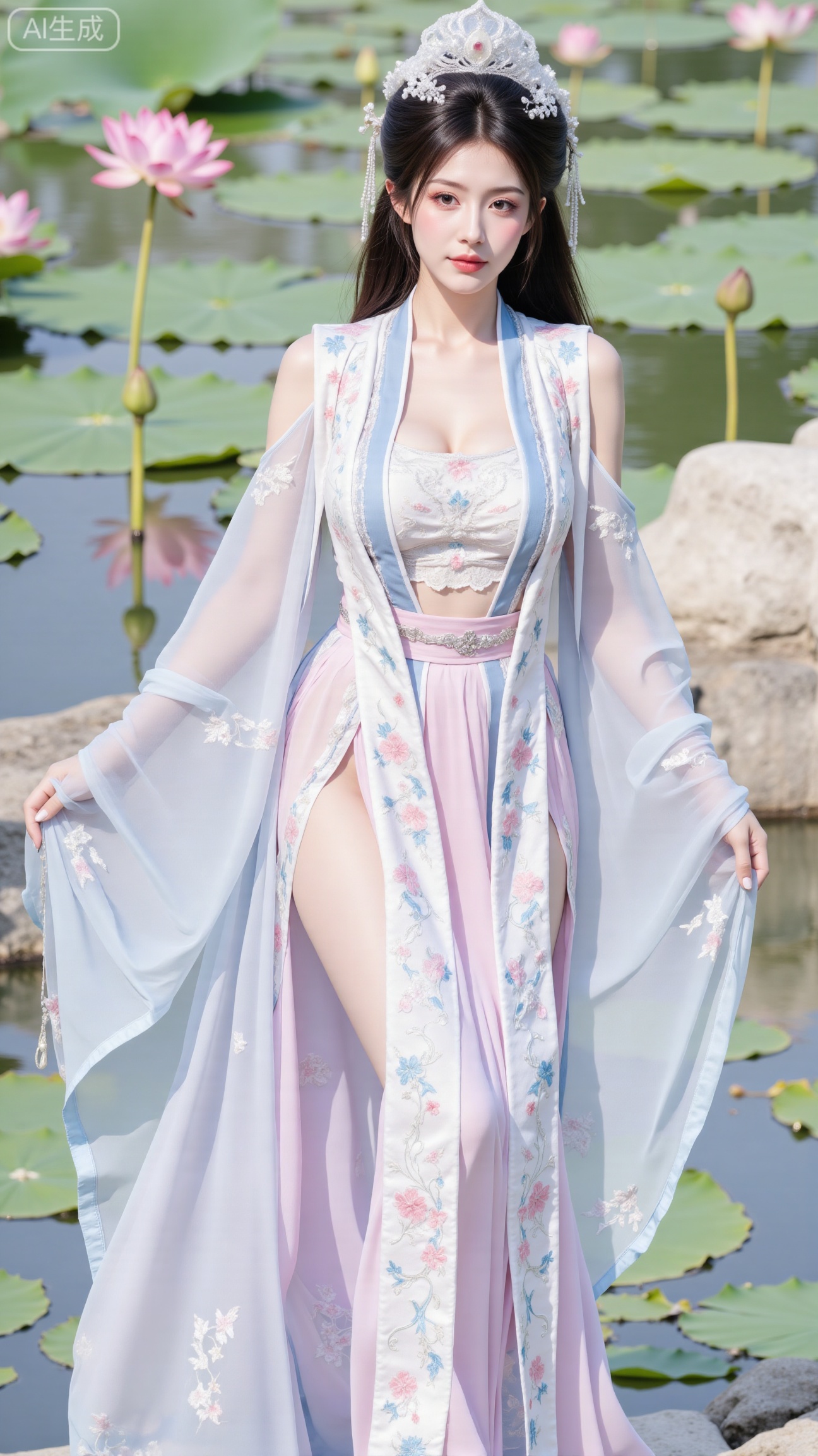  (huge breasts:2.89),(full breasts:2.89),(masterpiece, best quality:1.2),1girl, navel, solo, midriff, bare shoulders, hair ornament,(long hair),(High double ponytail:1.49), red lips, BREAK, (looking at viewer:1.39), chinese clothes,(Holographic Color long dress:1.36), (lace,Rainbow Gradient Color:1.28), BREAK,blurry, solo focus, long hair, lips, daytime, lipstick, outdoors, standing,upper body,(cleavage,Slightly bend forward:1.39),(huge breasts:2.89), background, solo, makeup,(Stockings, high heels:1.29),(huge breasts:2.99),(full breasts:2.99),,(Background with lotus pond and pink lotus flowers:1.39),Xbigbreasts,XbaifengsongyuYH,,Xxiapeisongzhihanfu,Xsongzhihanfuxiapei,Xnangongjin,Xnangongjin2