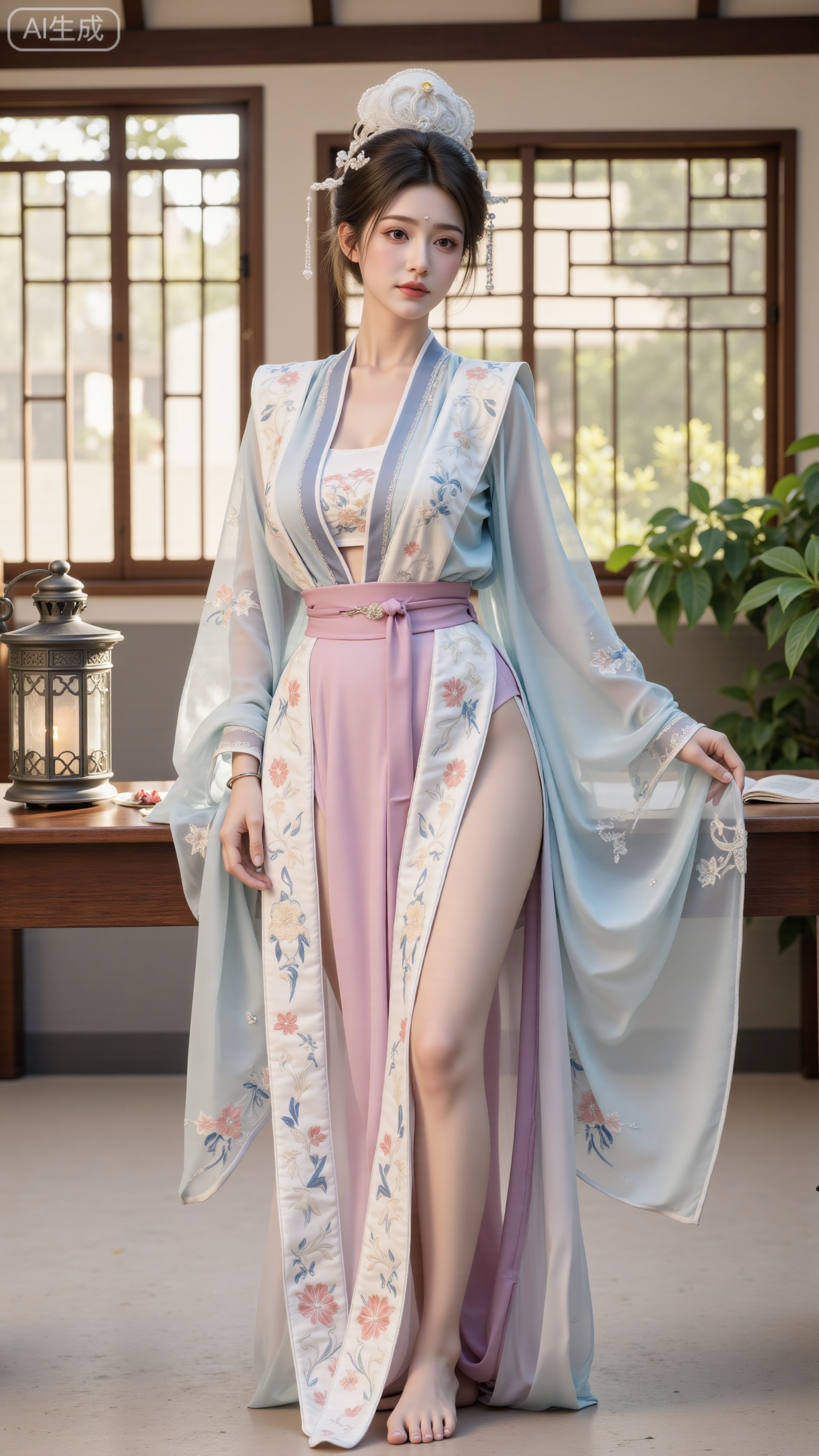  (masterpiece, best quality:1.2),indoors,window,traditional lantern,bare legs,potted plants, long legs,dress,blurry background,motion blur,full body,legs,beautiful detailed eyes,legs,breasts,Detailed eyes,CG rendering,8K resolution,8K quality,Volume light,room,forest,(huge breasts:2.99),(full breasts:2.99),,Xbigbreasts,XbaifengsongyuYH,,Xxiapeisongzhihanfu,Xsongzhihanfuxiapei,Xnangongjin,Xnangongjin2