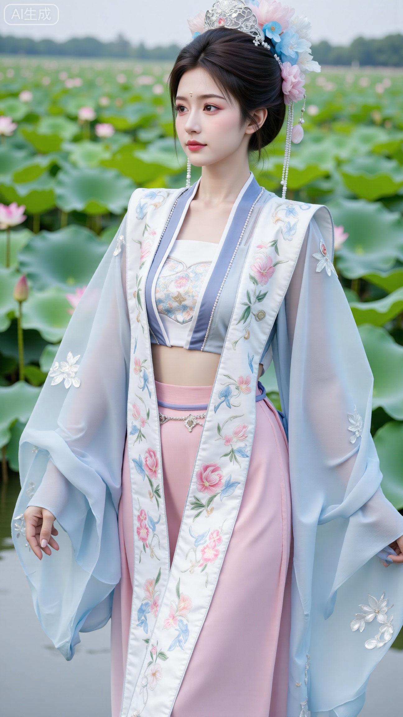 (masterpiece, best quality:1.2),1girl, navel, solo, midriff,  shoulders, hair ornament, flower, hair flower, black hair, red lips,BREAK, (looking at viewer:1.39), Song-style Hanfu clothes,(Holographic pink pleated skirt:1.39), (Holographic purple beizi:1.39),(Holographic green|pink Song Dynasty style tube top:1.29),purple eyes,blurry, solo focus, very long hair, lips, daytime, lipstick, outdoors, (upper body,Long legs:1.29),(Extra large cup,K cup:1.49),, background, 1girl, makeup, hair bun,(Blue sky:1.39),( Garden Lotus Pond,pink lotus,green Lotus Leaf:1.49), (huge breasts, full breasts:2.99),Xbigbreasts,XbaifengsongyuYH,,Xxiapeisongzhihanfu,Xsongzhihanfuxiapei,Xnangongjin,Xnangongjin2
