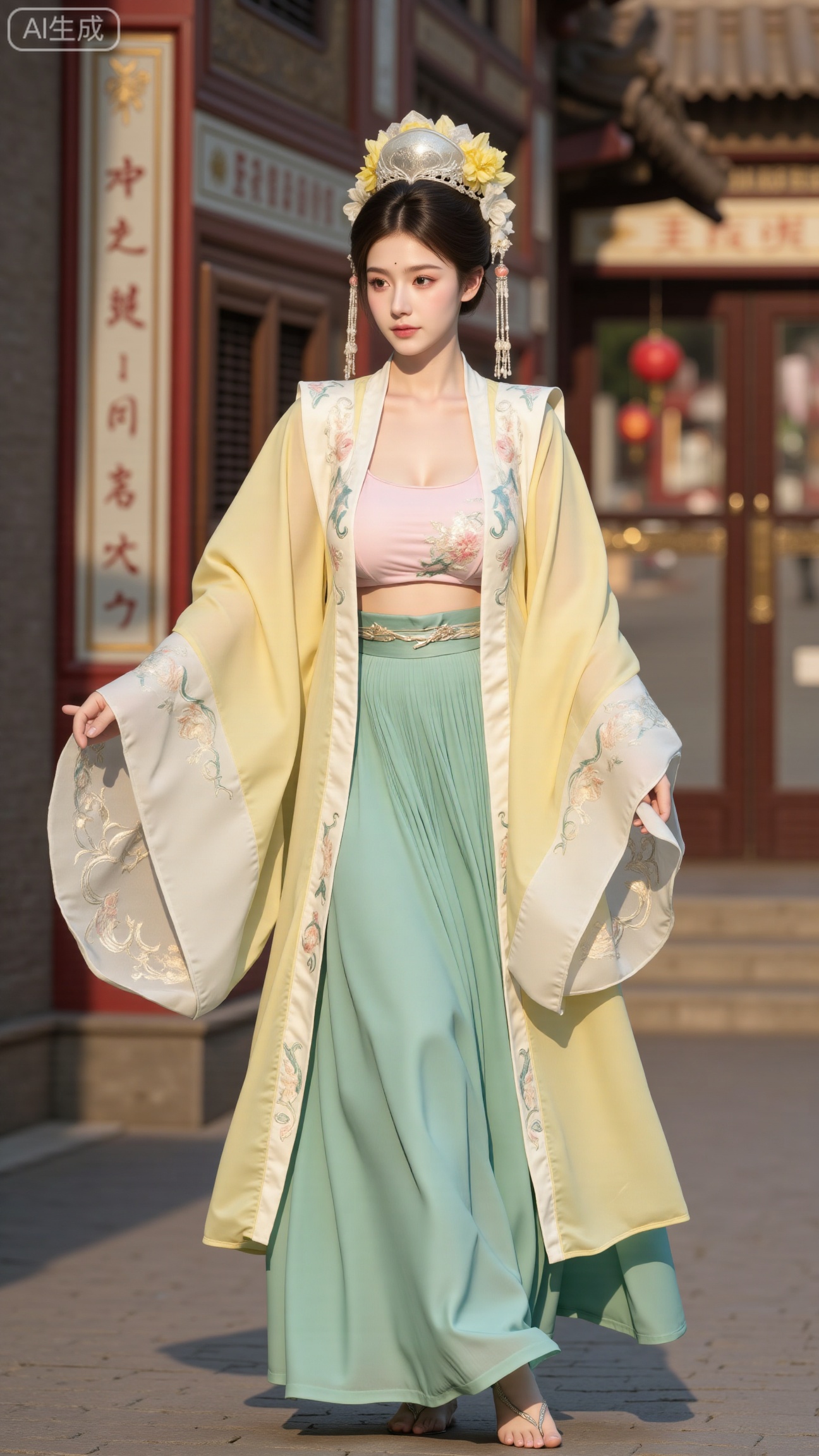masterpiece, best quality, A beautiful girl in Song - style Hanfu wears a goose - yellow front - opening long gown, with a light - pink Song - style bustier inside and a green pleated skirt. The cuffs of the long gown are embroidered with tender - yellow winter jasmine flowers, and the pleats of the pleated skirt are delicate. She is in the bustling Bianjing night market, curiously looking at the dazzling array of stalls around. The night market is ablaze with lights, and the crowd is bustling, full of the lively atmosphere of the marketplace, (huge breasts, full breasts:2.99)Xbigbreasts,XbaifengsongyuYH,,Xxiapeisongzhihanfu,Xsongzhihanfuxiapei,Xnangongjin,Xnangongjin2